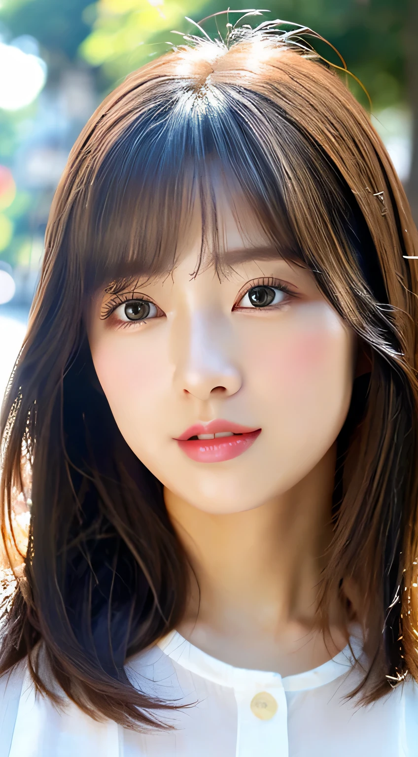 ((Beautiful and shiny、Neat straight bob hair))、plein air, 独奏,top-quality、hyper HD、by Bangortiful :1.3) ((kawaii:1.3))、((sixteen years old)) White shirt decolletage Natural color lips (Lori) Sense of cleanliness pure Half-open lips ((kawaii)) ((frontage))