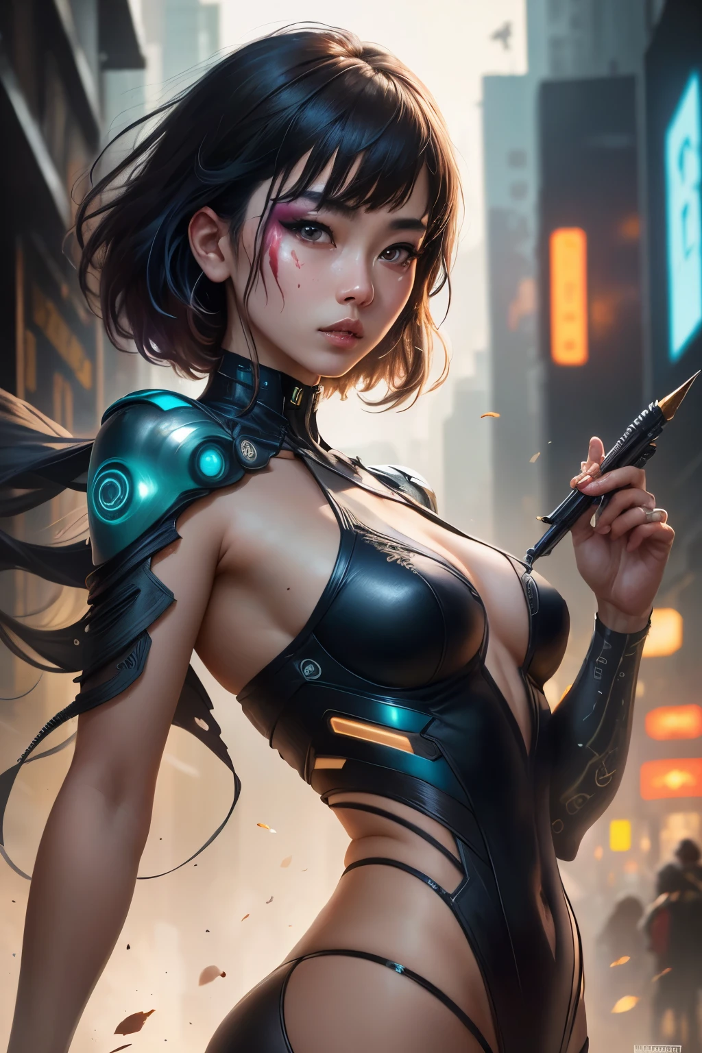 Beautiful hyperrealistic photograph of cute asian cyberpunk girl, wearing cyberpunk clothes, fringe cut bangs hairstyle, Kabuki makeup, cluttered Blade Runner background, dynamic pose, concept art, By Brian Froud and Carne Griffiths and Wadim Kashin and John William Waterhouse, intricate detail, 8k post-production, High resolution, super Detail, trending on ArtStation, sharp focus, studio photos, intricate detail, depth of field, f/2.8, cinematic illumination, dark shadows.