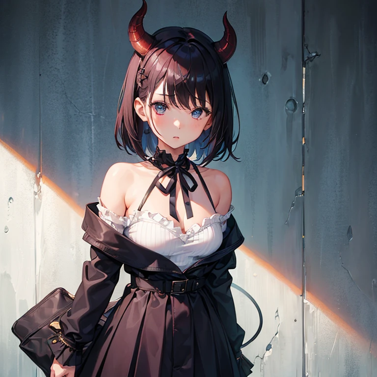 (((1girl)))、Demon Girl、short-cut、Sweaters、Bust-up shot、Fantasia、In front of the white wall