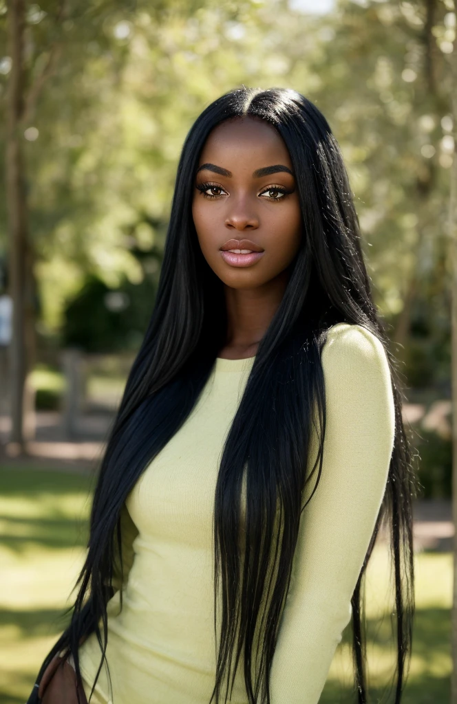 Photorealistic portrait of a 21 year old ebony girl with long flowing black hair and striking light green eyes. It must have a natural and accessible expression and be lit by soft, golden light. The background should be a picturesque outdoor setting, such as a sunny park or beach. Capture this image with high-resolution photography using an 85mm lens for a flattering perspective.