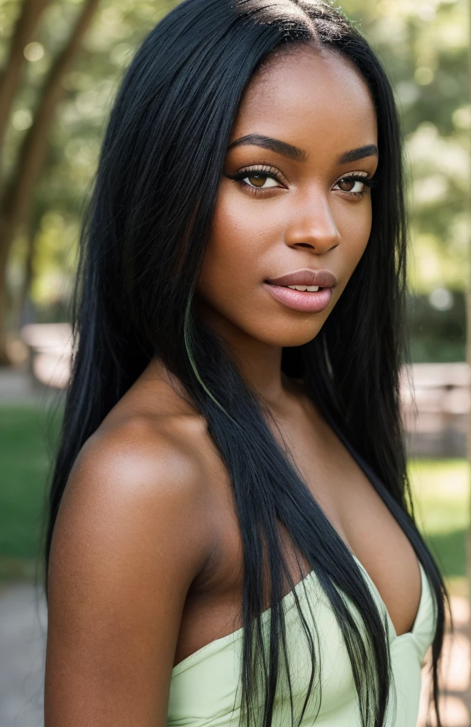 Photorealistic portrait of a 21 year old ebony  girl with long flowing black hair and striking light green eyes. It must have a natural and accessible expression and be lit by soft, golden light. The background should be a picturesque outdoor setting, such as a sunny park or beach. Capture this image with high-resolution photography using an 85mm lens for a flattering perspective.