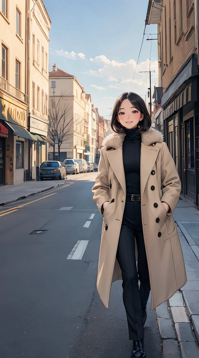 (masterpiece, best quality), fashionable, turtleneck, fur jacket, walking pose, street, sky, elaborate details