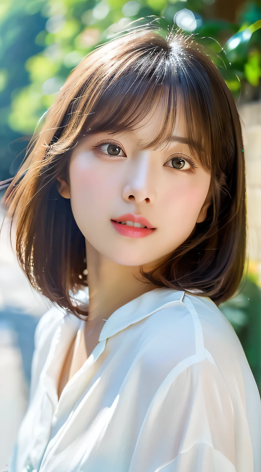((Beautiful and shiny、Neat straight bob hair))、plein air, 独奏,top-quality、hyper HD、by Bangortiful :1.3) ((kawaii:1.3))、((sixteen years old)) White shirt decolletage Natural color lips (Lori) Sense of cleanliness pure Half-open lips ((kawaii)) ((frontage))