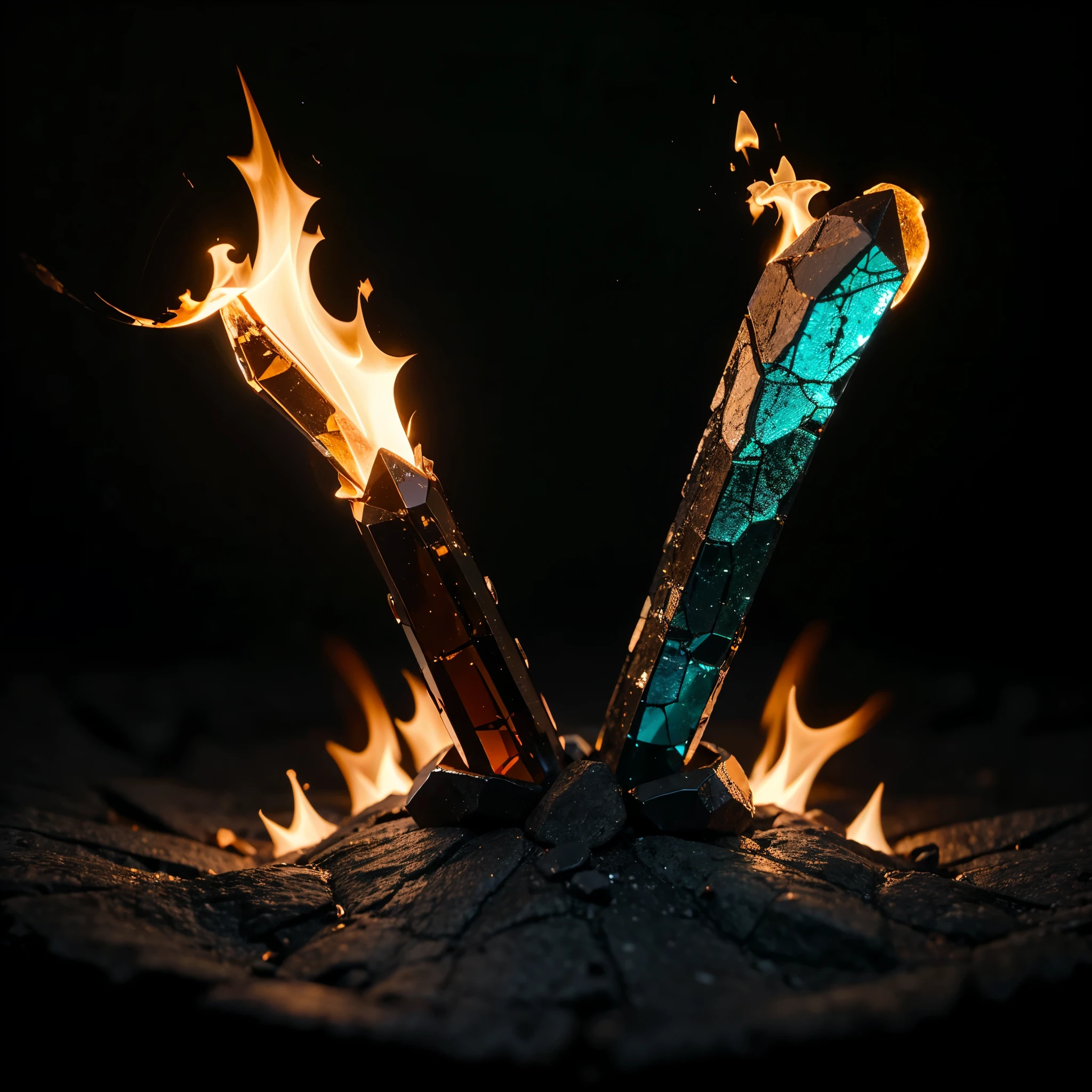 Black glossy crystal on fire, dark background with blue lightning, extremely detailed, close-up, photography art, high definition, macro photography