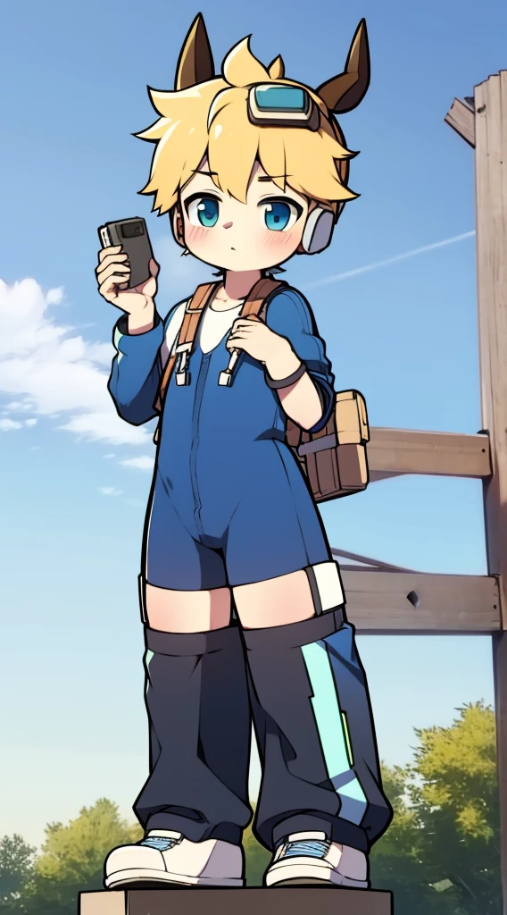 Two-dimensional boy Shota，One-piece hiking suit，cow horn，Cow ears，Wear the headphones on your head，Stood up，protective goggles，athletic sneakers