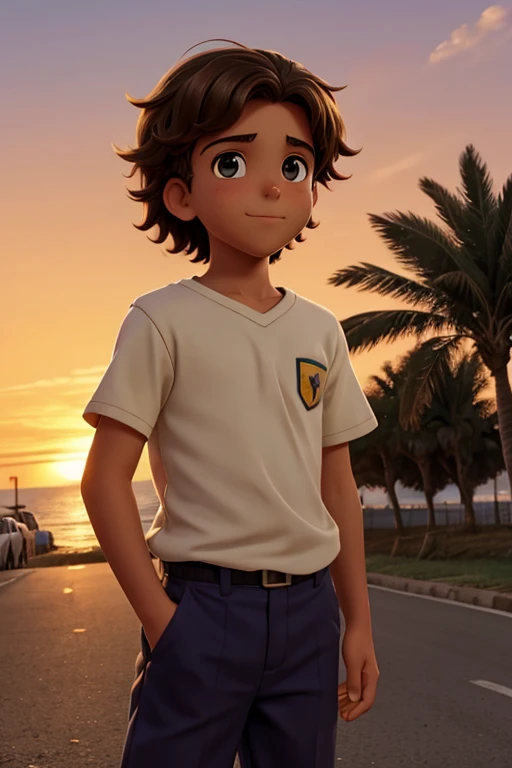 menino 13 anos, cabelo castanho claro. Na frente, por do sol ao fundo