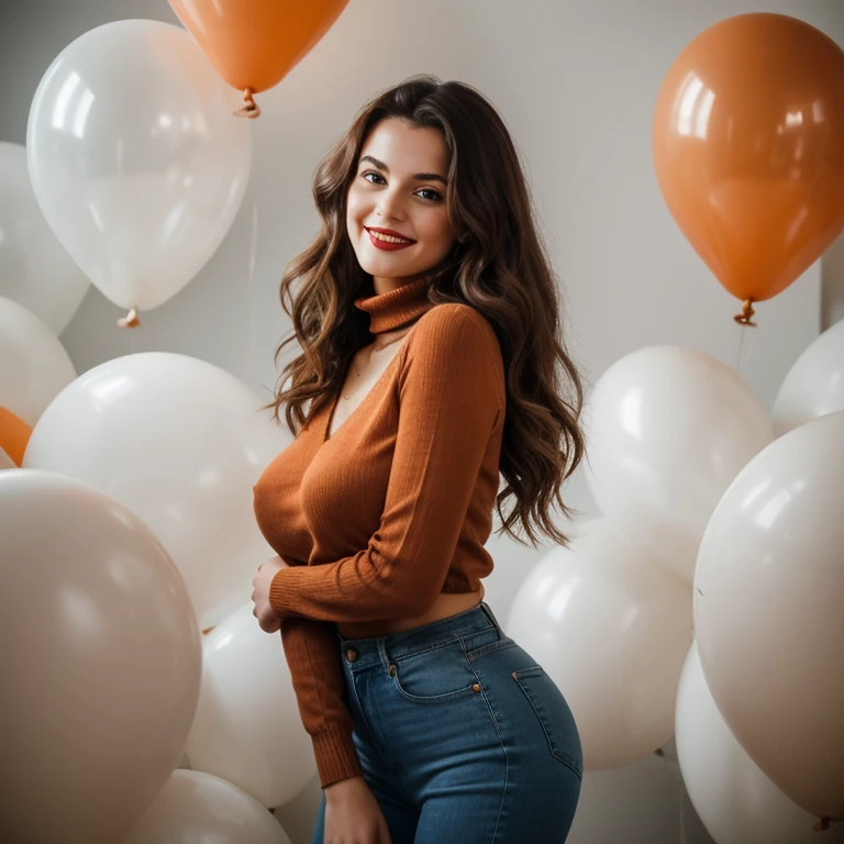 Realistic photo, In this full-length body photo of an attractive Italian woman named Mirabella, 22, wearing jeans and a v-neck blue sweater top, NSFW, flashing (breasts: 1. 0) she is seen smiling. Tall, Slim, Oval Face, Dark Skin, Brown Hair, big blue Eyes, Short Nose, Full Lips, Prominent Chin, Shoulder Length Hair, Fine Hair, Loose, Wavy Curls, medium breasts, red lipstick, arms above head, Masterpiece, high resolution, 8k, award winning, RAW photo, high quality, 35mm photo, film grain, bokeh, professional, 4k, highly detailed, Masterpiece (Cinematic lighting: 1. 1), portrait photo of beautiful young woman from the 60s wearing an orange turtleneck standing in the middle of a ton of white balloons,