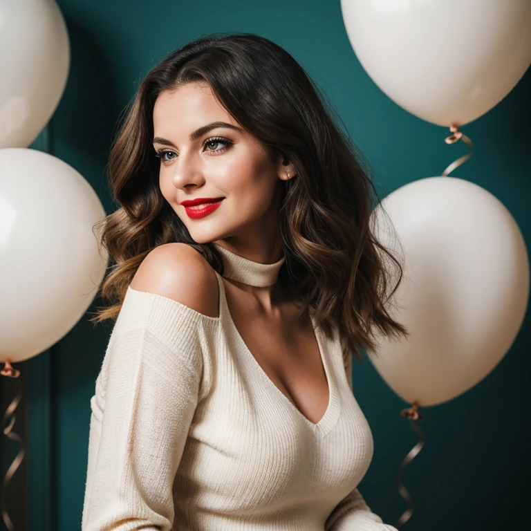 Realistic photo, In this full-length body photo of an attractive Italian woman named Mirabella, 22, wearing jeans and a v-neck blue sweater top, NSFW, flashing (breasts: 1. 0) she is seen smiling. Tall, Slim, Oval Face, Dark Skin, Brown Hair, big blue Eyes, Short Nose, Full Lips, Prominent Chin, Shoulder Length Hair, Fine Hair, Loose, Wavy Curls, medium breasts, red lipstick, arms above head, Masterpiece, high resolution, 8k, award winning, RAW photo, high quality, 35mm photo, film grain, bokeh, professional, 4k, highly detailed, Masterpiece (Cinematic lighting: 1. 1), portrait photo of beautiful young woman from the 60s wearing an orange turtleneck standing in the middle of a ton of white balloons,