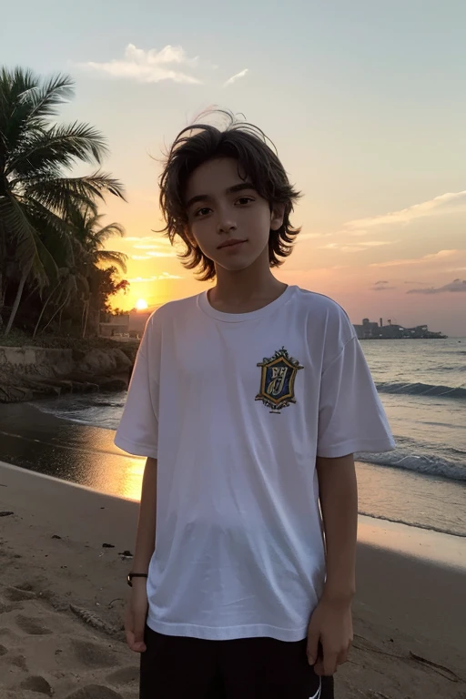 menino 13 anos, cabelo castanho claro. Na frente, por do sol ao fundo