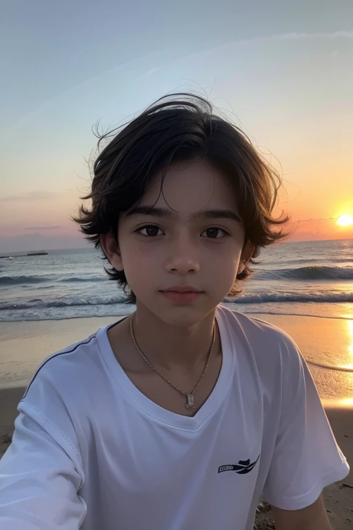 menino 13 anos, cabelo castanho claro. Na frente, por do sol ao fundo