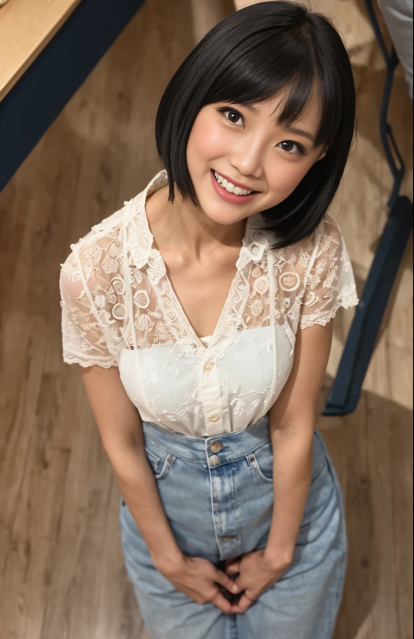 highest quality、details eyes、beautiful eyes、perfect eyes、Detailed hair、beautiful hair、perfect hair、8K、head of details、beautiful head、Perfect head、NSFW ,  , (cute little、childish、Lori , 34 year old , Japanese ,  girl、fashion model , 1 girl in , petite figure、with a height of 142cｍ、Short Body , ) , (black hair ,  )  , (Heavy breathing、Provocative facial expressions、Looking at the camera、blushing , Full Mouth、Grin Mouth , black eyes , 0)  ,  ( Sexually suggestive liquid、wet shirt、ultra-thin blouse , Pussy is visible、0)(fullbody、whole body capture , medium-full shot、High-angle  , open legs)(School Classroom、Warehouse  , soft light) ,