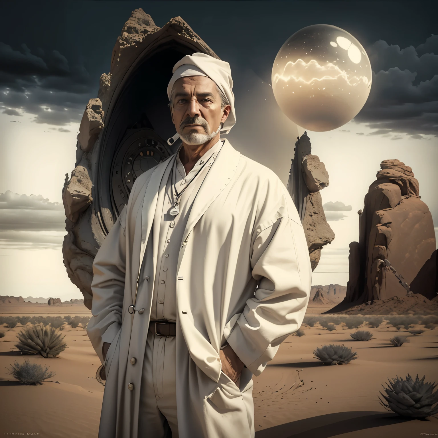Overcast, dim diffused light. Absolutely flat desert. In the distance, a huge dirty white ball is rolling across the desert.. Groups of people of 3-5 people are visible, in white clothes. In the foreground stands a surreal incredible doctor in a white coat and gray trousers. Face gloomy. Doctor&#39;s hands in the pockets of his robe. A complex high-tech device hangs around his neck. The light bulbs are glowing. A lot of small details.