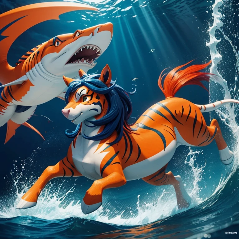 In a my little pony cartoon style make an orange tiger shark horse with aquatic wings, blue markings and red stripe pattern, long dark blue hair and scars