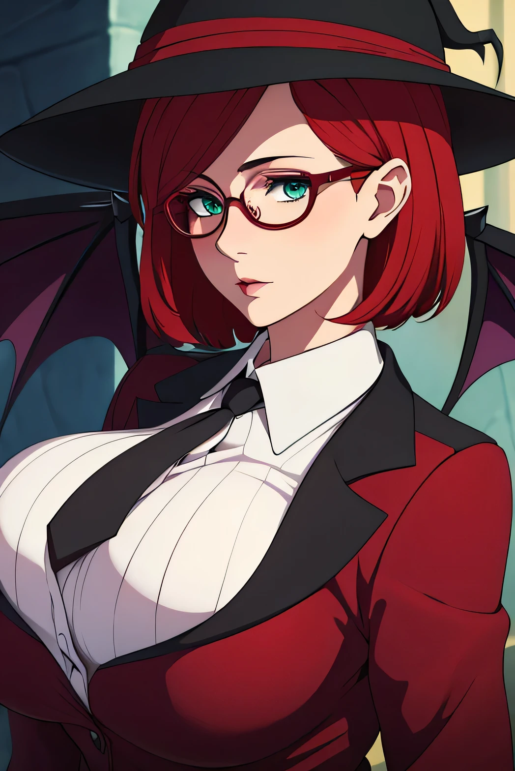 a close up of a Tall girl, mommy, round glasses, witch hat, bat wings, devil wings, succubus wings, college outfit, redhead, short hair, red hair, crimson hair, blue eyes, green eyes, curvy, social clothes, professional looking, big breasts, school uniform
