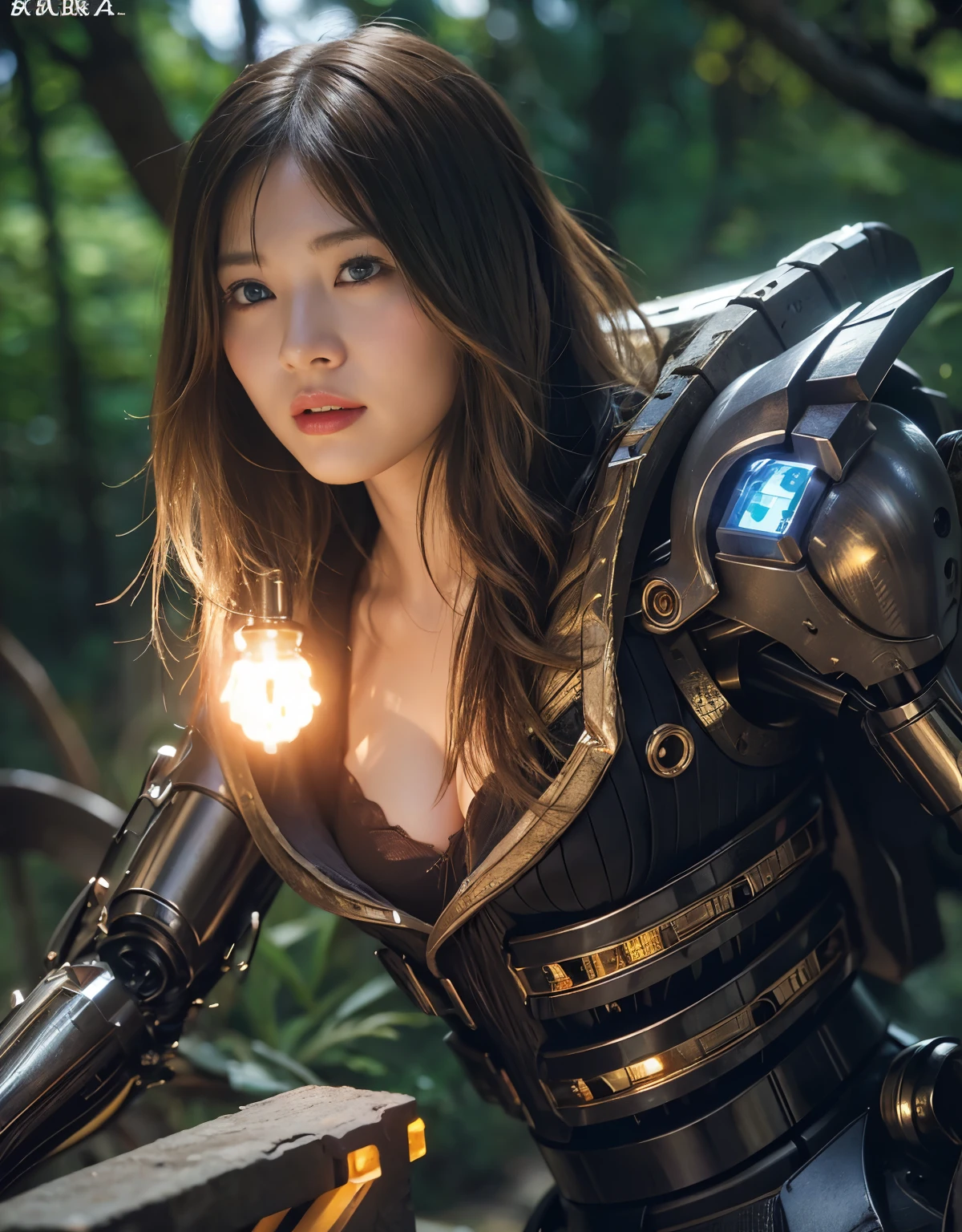 ((Fighting Demonic Beasts))、top-quality、masterpiece、超A high resolution、(Photorealsitic:1.4)、Raw photo、女の子1人、Golden hair、glowy skin、(((1 Mechanical Girl)))、With a beautiful knife、(Blue Metal Bodysuit)、(beautiful forest background)、(Fighting Demonic Beasts)、(Small LED)、((super realistic details))、vertical giant monster background),globalillumination、Shadow、octan render、8K、ultrasharp、Colossal tits、Raw skin is exposed in cleavage、metals、Details of complex ornaments、Japan details、highly intricate detail、Realistic light、CGSoation Trends、Red Eyes、Eyes shining towards the camera、neon details、(Mechanical edge blood vessels connected to tubes)、Mechanical vertebrae attached to the back、mechanical cervical attaching to neck、(Wires and cables connecting to the head)、Gundam、Small LED、,Mechanical thighs、Toostock、(Hands are also made of machines)、(Attack of the Monster Beasts)、(Wounded in a deadly battle)、