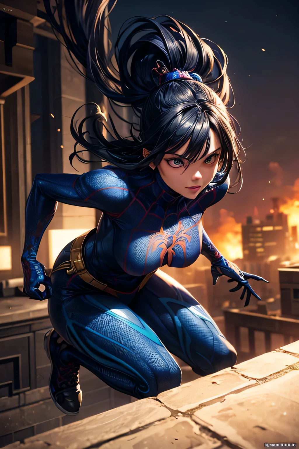 Superhero Spidergirl, blue arachnid costume, on roof, combat stance, highly detailed, vibrant appearance, creative behavior, extremly detailed, imaginative, , spontaneous, highest quality, skin texture, intricate details, (cinematic lighting), RAW photo, 8k, masterpiece,best quality,ultra-detailed,very detailed illustrations,extremely detailed,intricate details,highres,super complex details,extremely detailed 8k cg wallpaper,