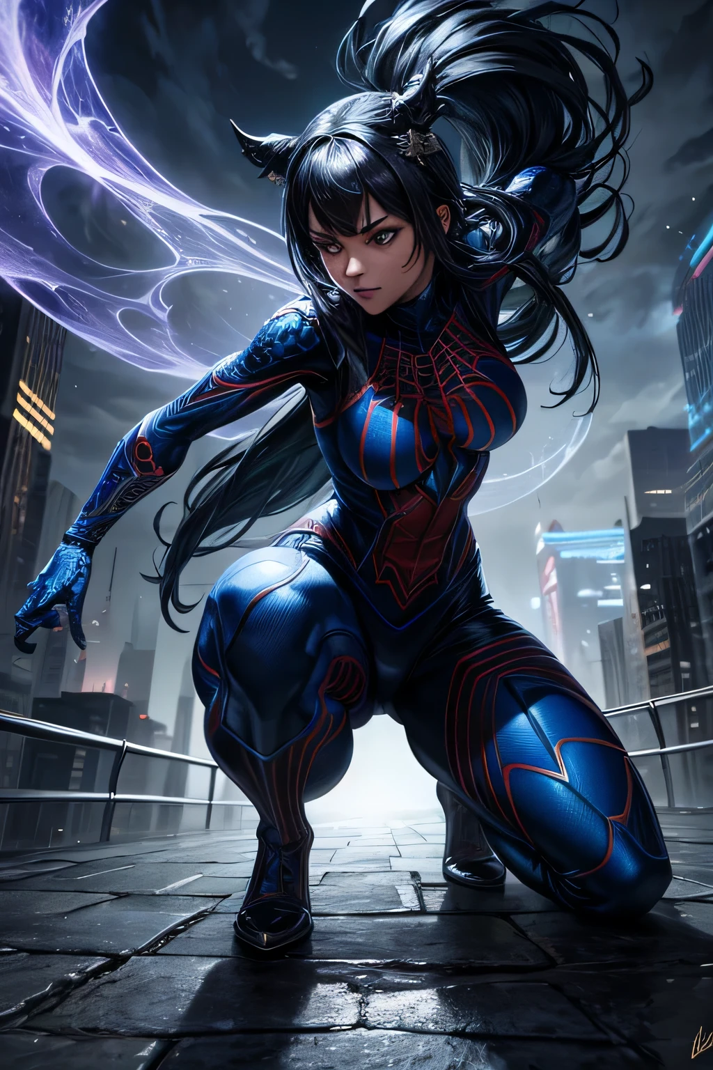 Superhero Spidergirl, blue arachnid costume, on roof, combat stance, highly detailed, vibrant appearance, creative behavior, extremly detailed, imaginative, , spontaneous, highest quality, skin texture, intricate details, (cinematic lighting), RAW photo, 8k, masterpiece,best quality,ultra-detailed,very detailed illustrations,extremely detailed,intricate details,highres,super complex details,extremely detailed 8k cg wallpaper,