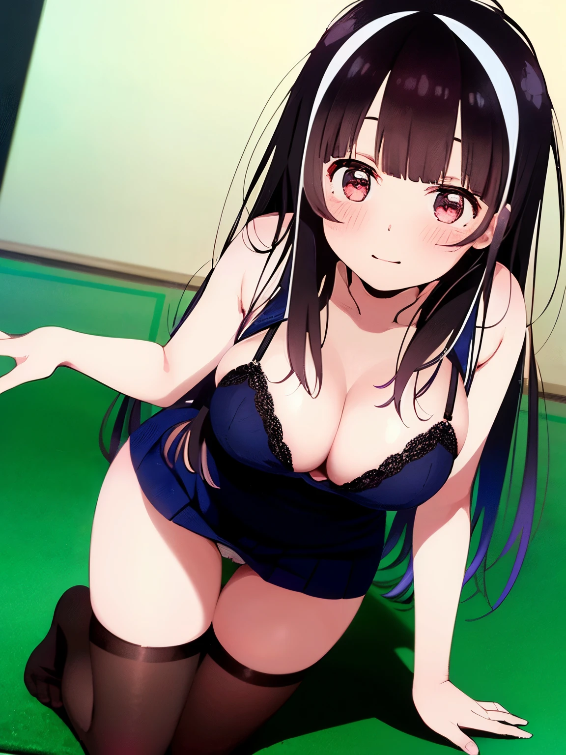 (One lady)、(masterpiece)、(best qualtiy)、(ultra-detailliert)、(a high chroma)、(CG Illustration)、((Full Angle))、Female, 20 years old、Delicate beautiful face、(red blush)、(Wavy long hair、Dark black hair)、(dishevled hair)、((Shoulder top))、See-through clothes:1.3、((Black stockings))、(Pink Lace Panties)、(Dark blue pleated skirt)、(teats)、breasts of medium size,、((turned around))、(Woman sitting on the floor)、The best lighting、simple background、1girl in、Miramax Well、in one's underwear only、Navy Blue Lingerie、独奏、forrest、Hi-Res、absurderes、