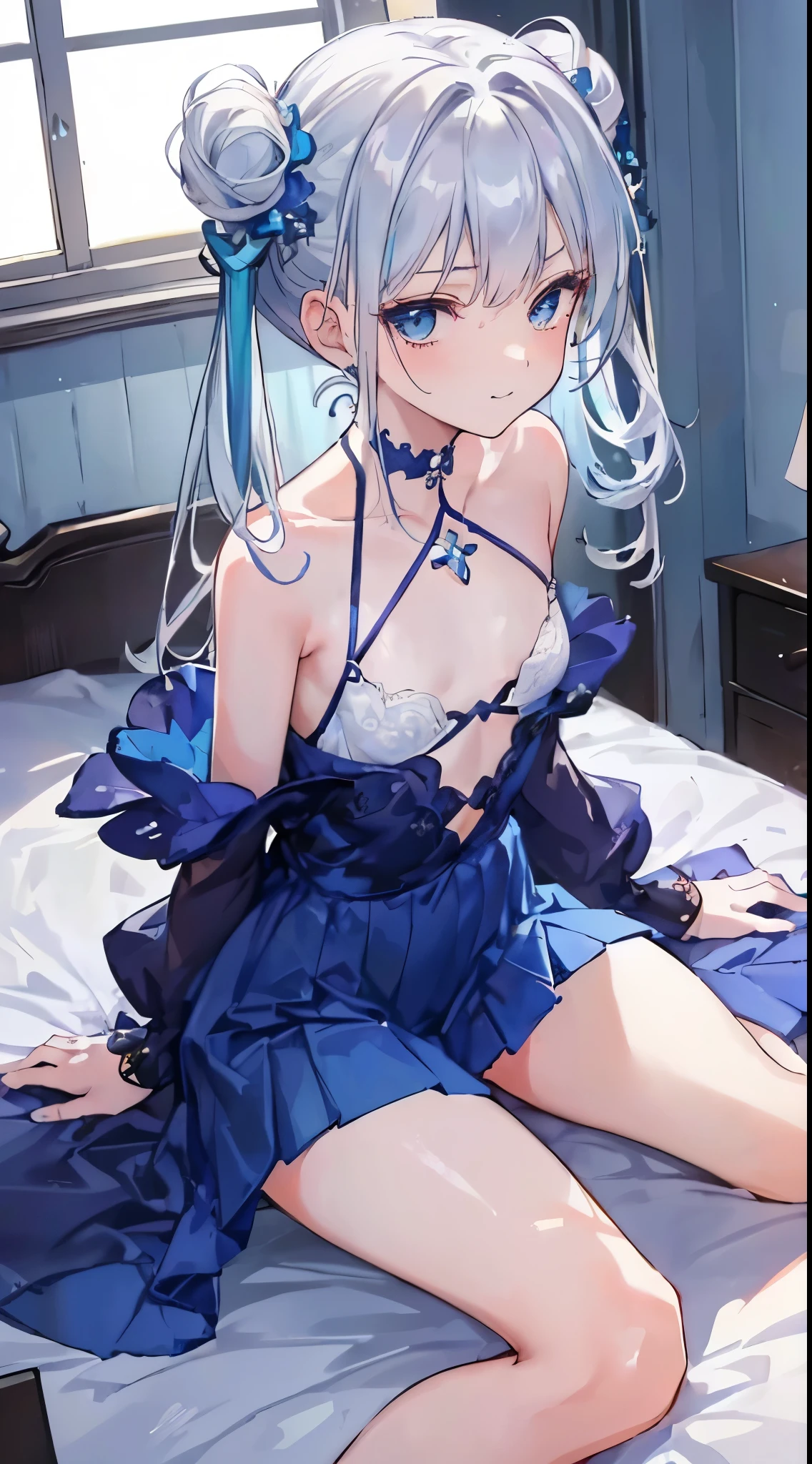 (1 girl), (Laing in room on bad), Best picture quality，highly  detailed，Body and facial contours:1.2）Rainy days，Wear a dark colored almost navy blue dress with blue attachments，White lace erotic panties，((silver hair)), (blue flower in hair), ((blue eyes)), ((low space buns hairstyle)), ((small chest)), b chest, ((boob window)), smile, closed mouth, looking at the viewer, top angle camera, Pouting ass，animemanga girl ，Weakness of the body，Slim waist，slender leg，Bedrooms，Side head，NSFW, young girl, , nice cheekest quality))), (((Masterpiece))), (Ultra-detailed:1.3), (A high resolution), Amazing, Intricate, illustration, (Art germ:1.2), (((Extremely detailed wallpaper 4k CG unity))), offcial art, Original, Intense angle, Sunlight, (High contrast:1.2), (Colorful), Cinematic lighting, (an extremely detailed and beautiful:1.33), ((Young petite female model)), (Cute:1.33), Sitting, ([Diamond:1.3|Eyes]:1.2), Big round eyes, V-shaped_Eyebrows, Long white eyelashes, (Seductive laughter), ([opals:1.9|Gradient_Hair:1.3]:1.2), (Hair dripping:1.25), (detailed super oily shiny skin:1.2), (dent in the skin:1.2), ([Wet:0.8|slimey]), Armpits, (Detailed hands and fingers:0.9),  clothes, Backless, (Pleats:1.2), (perfect anatomy), correct five fingers), (correct digits), (two legs only)