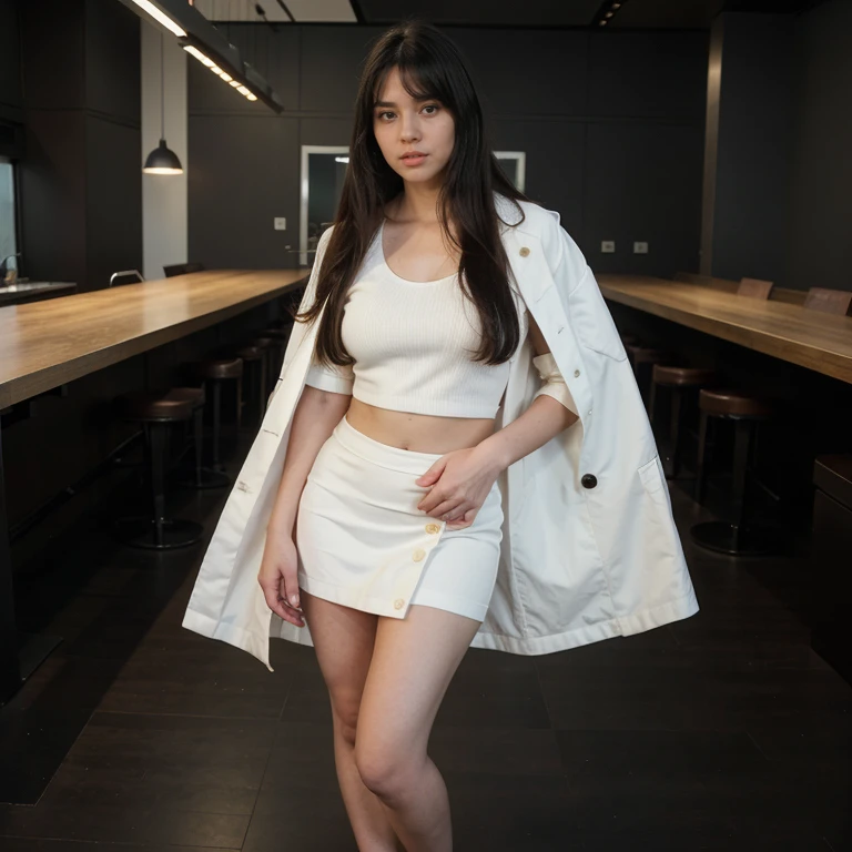 Full body photo of a pretty young 1girl, big cheeks, very long hair, black hair, side-swept bangs, side fring hair, doctors white coat, Doctor Fashion, tight skirts, open legs, Full body , best quality, realistic, 8k,