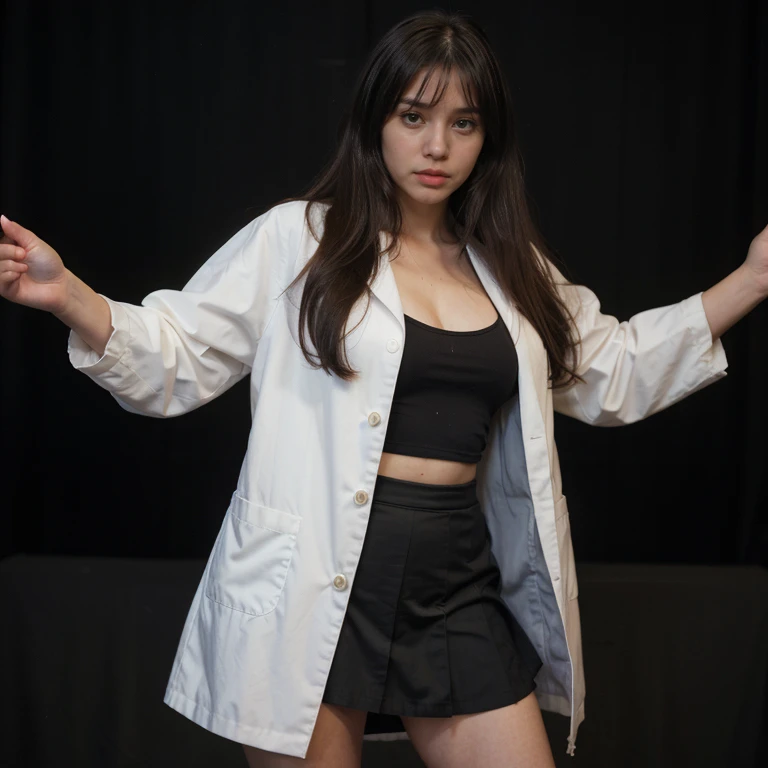 Full body photo of a pretty young 1girl, big cheeks, very long hair, black hair, side-swept bangs, side fring hair, doctors white coat, Doctor Fashion, tight skirts, open legs, Full body , best quality, realistic, 8k,