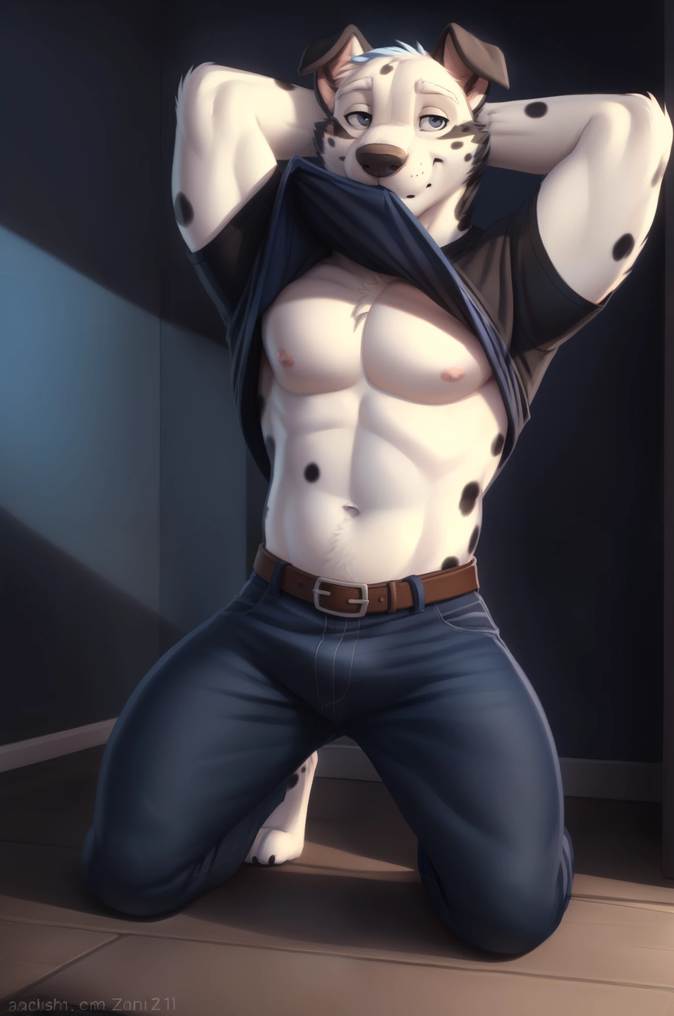 Dalmatian with blue emo hair, muscular, bara, Dalmatian tail, (posing:1.3), (soft shading), 4k, hi res, five fingers, detailed hands, ((detailed face, (detailed eyes:1.0), detailed)), by zackarry911, by zaush, (by personalami:0.5), solo, looking at viewer, short hair, shirt, 1boy, navel, nipples, full body, male focus, thighs, belt, pants, stomach, clothes lift, black shirt, kneeling, mouth hold, shirt lift, thick thighs, abs, denim, lifted by self, arm behind head, bulge, bare pectorals, seductive smile, clothes in mouth, shirt in mouth, blue emo hair, blue hair, blue emo hair