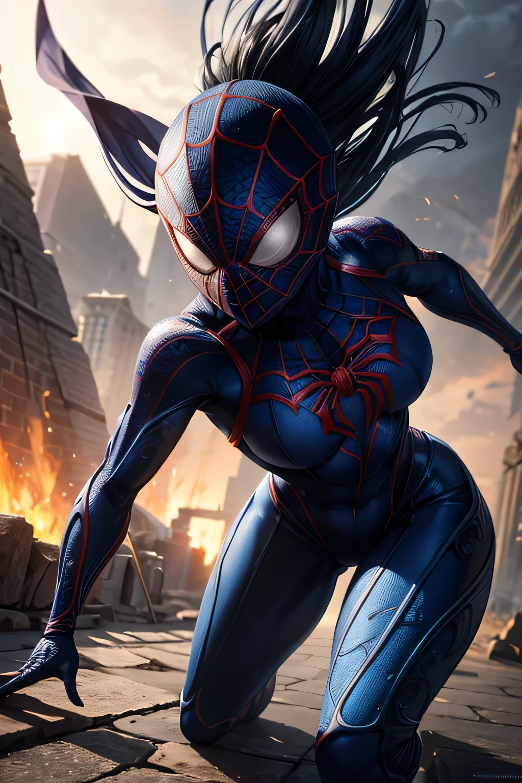 Superhero Spidergirl, blue arachnid costume, covered face, on roof, combat stance, highly detailed, vibrant appearance, creative behavior, extremly detailed, imaginative, , spontaneous, highest quality, skin texture, intricate details, (cinematic lighting), RAW photo, 8k, masterpiece,best quality,ultra-detailed,very detailed illustrations,extremely detailed,intricate details,highres,super complex details,extremely detailed 8k cg wallpaper,