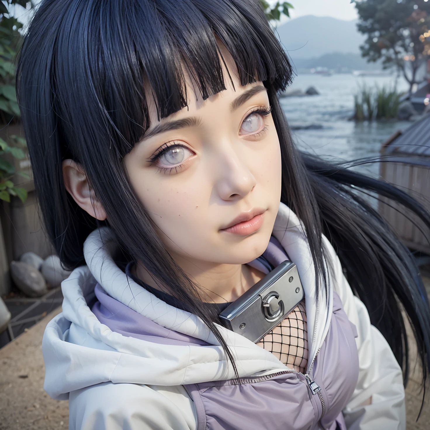 (RAW Photo:1,2), (masterpiece:1,3), hinata\(boruto), 1girl, solo, young female, (best quality:1,4), ultra high resolution, 8k, cosplay, top quality, (realistic, photo-realistic:1.37), ultra-detailed, best quality, real person, real life, ultra-high resolution, professional lighting, physically-based rendering, sharp focus, good composition, (bokeh:1.2), (full body), outdoors, looking at viewer, perfect composition, detailed lips, big breast, beautiful face, body propotion, blush, (pink lips), ((long hair)), (purple eyes), soft gaze, sad smile, super realistic, detailed, photoshoot, realistic face and body, realistic hair, realistic eyes, realistic nose, realistic lips, (((dark blue hair))), 25 years old girl,