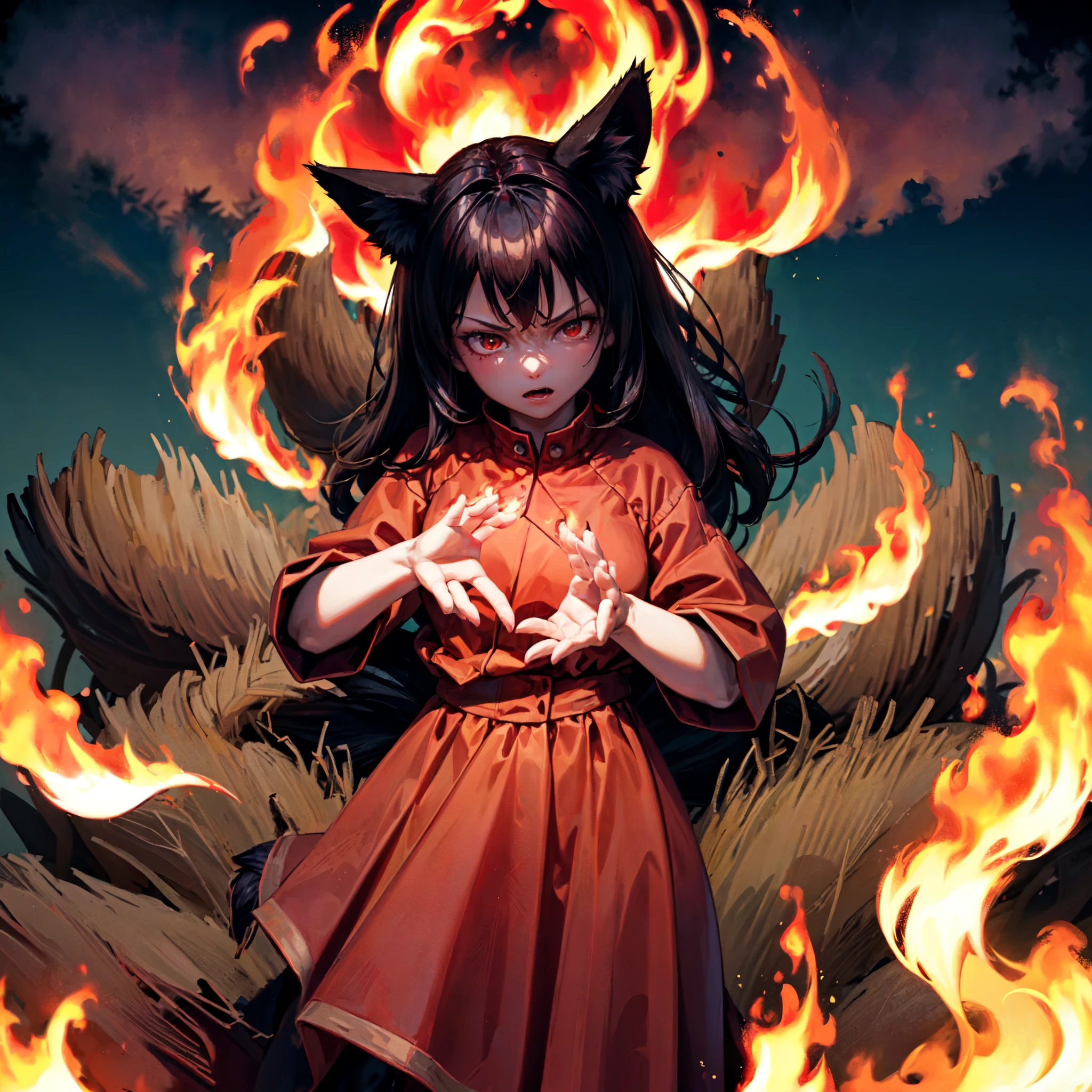 1girl, dark brown hair, colorful, very high quality, perfect, (((insane details))), ((dark brown fox ears and one fox tail)), (((only 1 fox tail))), full body, HDR, UHD, 64K, highly detailed, (((magically hovering red flame above hand))), (((tip of tail covered in red flames))), (((tip of tail engulfed in red flames))), ((((night sky)))), ((((dark forest)))), (((looks tough))), ((wearing red dress)), (((no flames everywhere)))