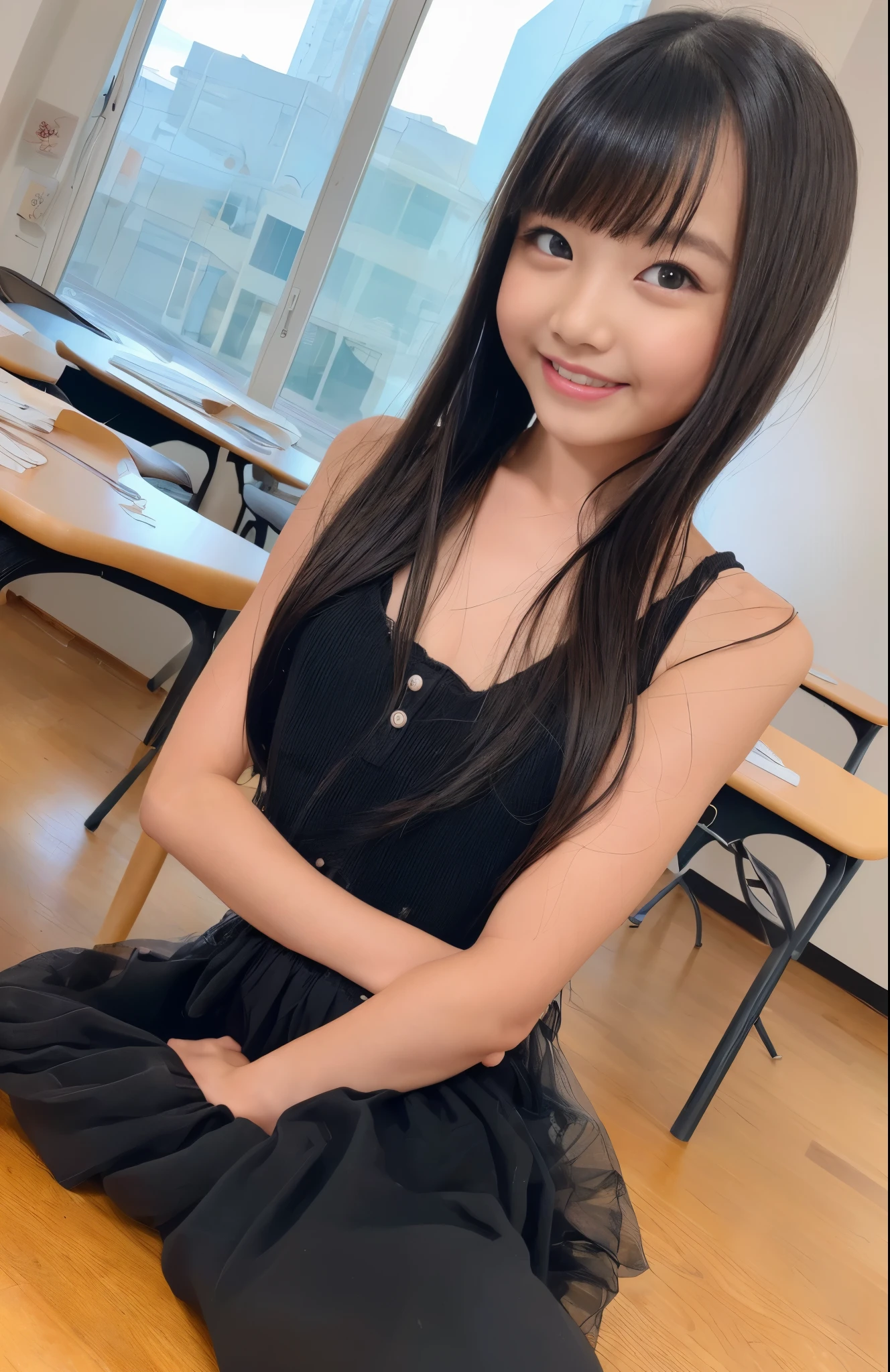 highest quality、details eyes、beautiful eyes、perfect eyes、Detailed hair、beautiful hair、perfect hair、8K、head of details、beautiful head、Perfect head、NSFW , , (cute little、childish、Lori , 34 year old , Japanese , girl、fashion model , 1 girl in , petite figure、with a height of 142cm、Short Body , ) , (black hair , ) , (Heavy breathing、Provocative facial expressions、Looking at the camera、blushing , Full Mouth、Grin Mouth , black eyes , 0) , ( Sexually suggestive liquid、wet shirt、ultra-thin blouse , Pussy is visible、0)(fullbody、whole body capture , medium-full shot、High-angle , open legs)(School Classroom、Warehouse , soft light) ,