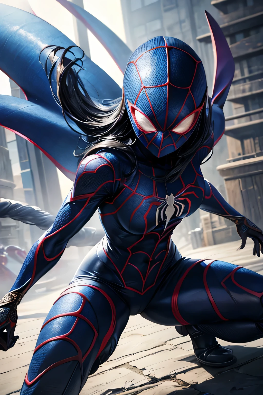 Superhero Spidergirl, blue arachnid costume, covered face, on roof, combat stance, highly detailed, vibrant appearance, creative behavior, extremly detailed, imaginative, , spontaneous, highest quality, skin texture, intricate details, (cinematic lighting), RAW photo, 8k, masterpiece,best quality,ultra-detailed,very detailed illustrations,extremely detailed,intricate details,highres,super complex details,extremely detailed 8k cg wallpaper,