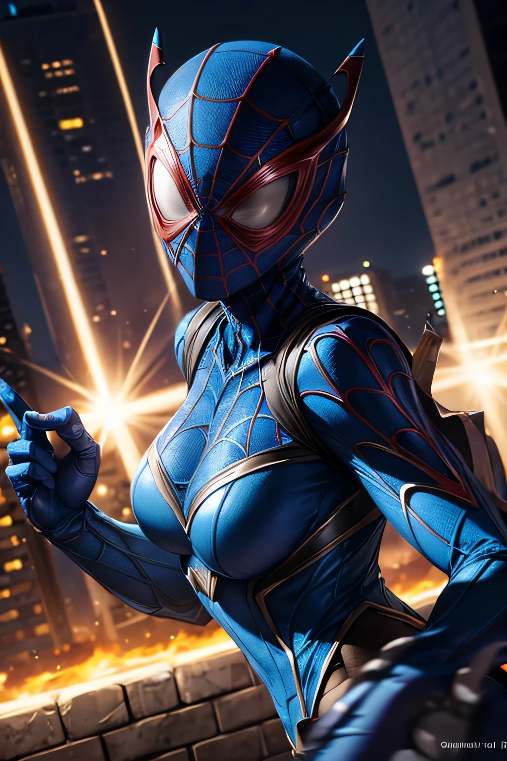 Superhero Spidergirl, blue arachnid costume, covered face, on roof, combat stance, highly detailed, vibrant appearance, creative behavior, extremly detailed, imaginative, , spontaneous, highest quality, skin texture, intricate details, (cinematic lighting), RAW photo, 8k, masterpiece,best quality,ultra-detailed,very detailed illustrations,extremely detailed,intricate details,highres,super complex details,extremely detailed 8k cg wallpaper,