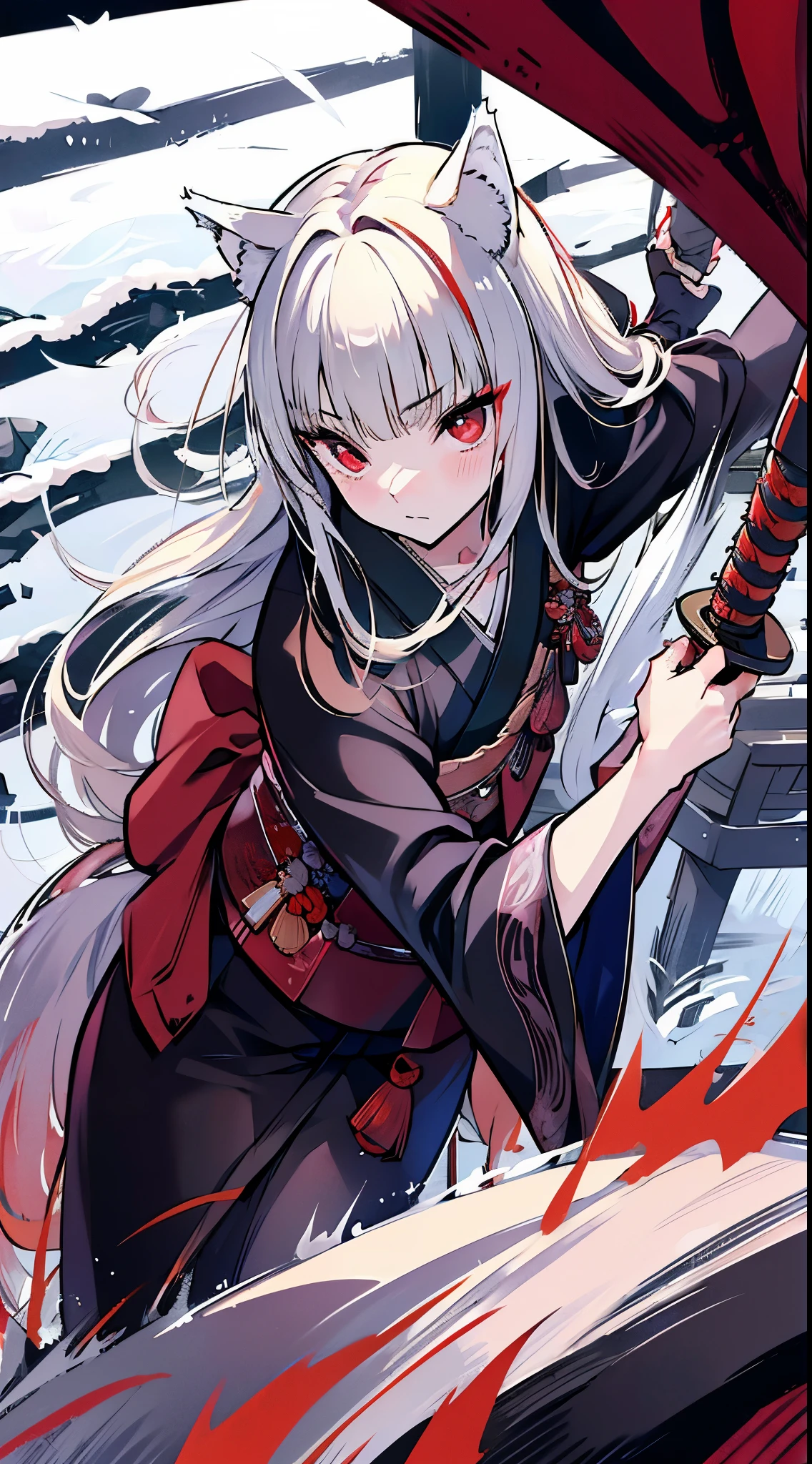 High quality, Wolf ears,Black kimono,White hair,Long hair,bangss, Seductive red eyes,a cool,Samurai,A Japanese style,battleing,holds a sword,Japanese Katana Sword,katanas,剣のbattleing,Picture in motion,Return blood,battle field,Breakdown,Kill,Jin Ogre subspecies,Monghan