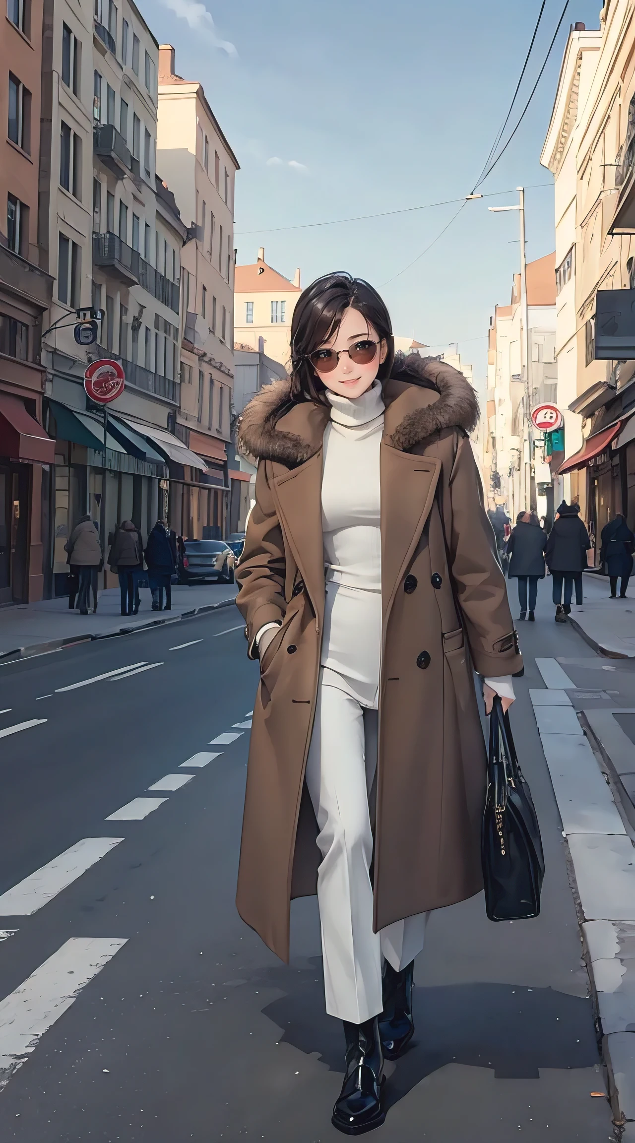 (masterpiece, best quality), fashionable, turtleneck, fur jacket, walking pose, street, sky, elaborate details