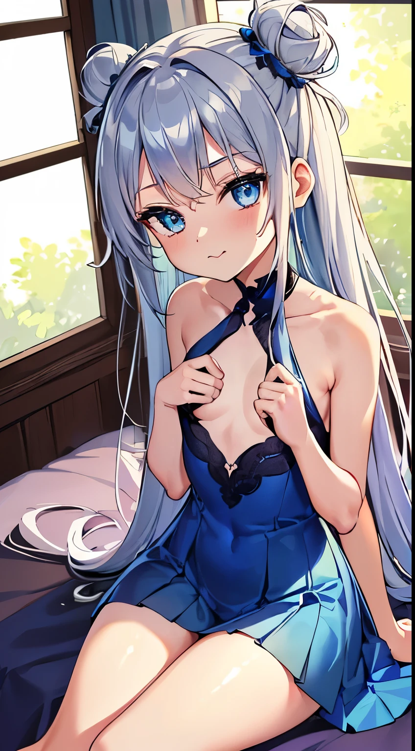 (1 girl), (Laing in room on bad), Best picture quality，highly  detailed，Body and facial contours:1.2）Rainy days，Wear a dark colored almost navy blue dress with blue attachments，White lace erotic panties，((silver hair)), (blue flower in hair), ((blue eyes)), ((low space buns hairstyle)), ((small chest)), b chest, ((boob window)), smile, closed mouth, looking at the viewer, top angle camera, Pouting ass，animemanga girl ，Weakness of the body，Slim waist，slender leg，Bedrooms，Side head，NSFW, young girl, , nice cheeks, (((Best quality))), (((Masterpiece))), (Ultra-detailed:1.3), (A high resolution), Amazing, Intricate, illustration, (Art germ:1.2), (((Extremely detailed wallpaper 4k CG unity))), offcial art, Original, Intense angle, Sunlight, (High contrast:1.2), (Colorful), Cinematic lighting, (an extremely detailed and beautiful:1.33), ((Young petite female model)), (Cute:1.33), Sitting, ([Diamond:1.3|Eyes]:1.2), Big round eyes, V-shaped_Eyebrows, Long white eyelashes, (Seductive laughter), ([opals:1.9|Gradient_Hair:1.3]:1.2), (Hair dripping:1.25), (detailed super oily shiny skin:1.2), (dent in the skin:1.2), ([Wet:0.8|slimey]), Armpits, (Detailed hands and fingers:0.9),  clothes, Backless, (Pleats:1.2), (perfect anatomy), correct five fingers), (correct digits), (two legs only)