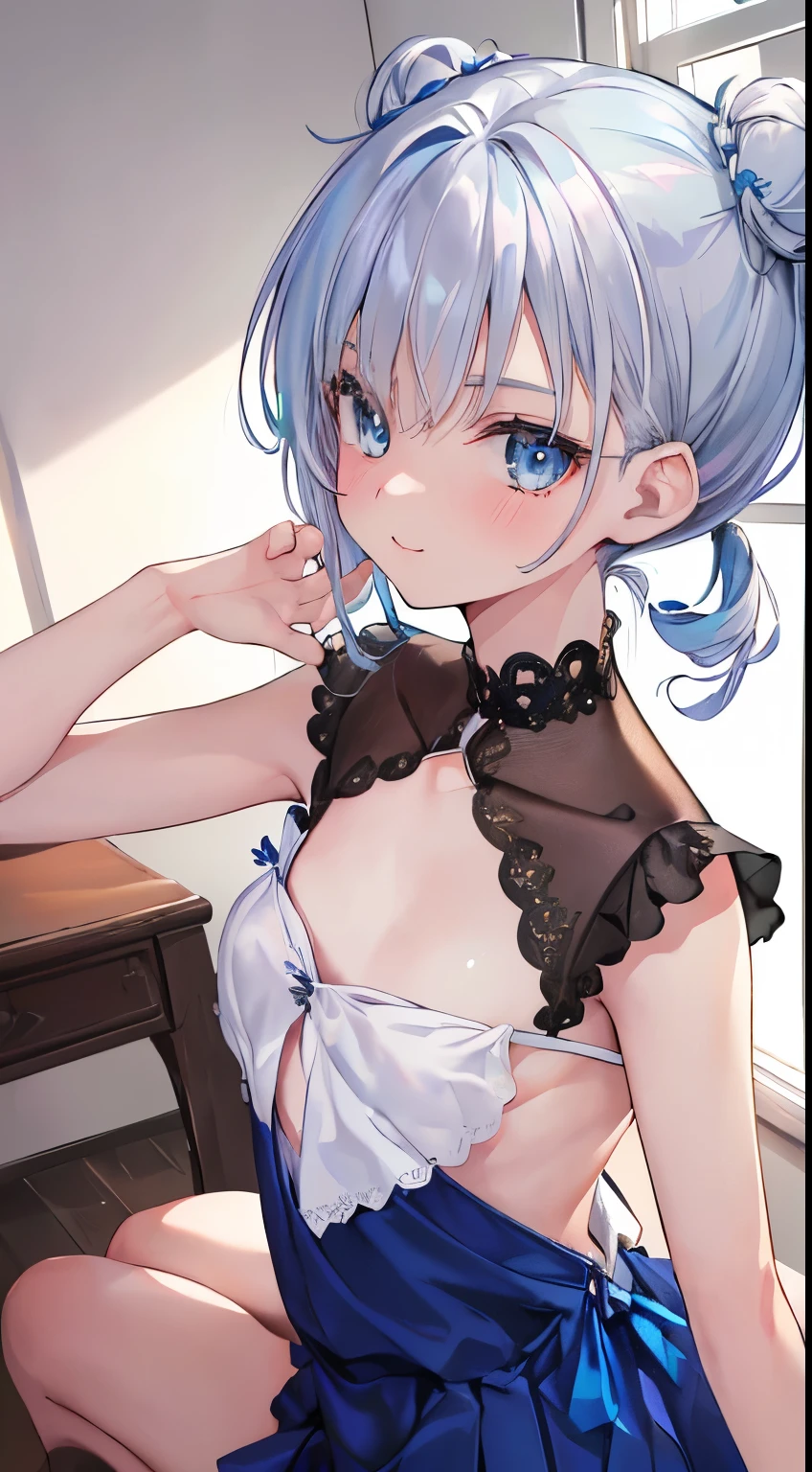 (1 girl), (Laing in room on bad), Best picture quality，highly  detailed，Body and facial contours:1.2）Rainy days，Wear a dark colored almost navy blue dress with blue attachments，White lace erotic panties，((silver hair)), (blue flower in hair), ((blue eyes)), ((low space buns hairstyle)), ((small chest)), b chest, ((boob window)), smile, closed mouth, looking at the viewer, top angle camera, Pouting ass，animemanga girl ，Weakness of the body，Slim waist，slender leg，Bedrooms，Side head，NSFW, young girl, , nice cheeks, (((Best quality))), (((Masterpiece))), (Ultra-detailed:1.3), (A high resolution), Amazing, Intricate, illustration, (Art germ:1.2), (((Extremely detailed wallpaper 4k CG unity))), offcial art, Original, Intense angle, Sunlight, (High contrast:1.2), (Colorful), Cinematic lighting, (an extremely detailed and beautiful:1.33), ((Young petite female model)), (Cute:1.33), Sitting, ([Diamond:1.3|Eyes]:1.2), Big round eyes, V-shaped_Eyebrows, Long white eyelashes, (Seductive laughter), ([opals:1.9|Gradient_Hair:1.3]:1.2), (Hair dripping:1.25), (detailed super oily shiny skin:1.2), (dent in the skin:1.2), ([Wet:0.8|slimey]), Armpits, (Detailed hands and fingers:0.9),  clothes, Backless, (Pleats:1.2), (perfect anatomy), correct five fingers), (correct digits), (two legs only)