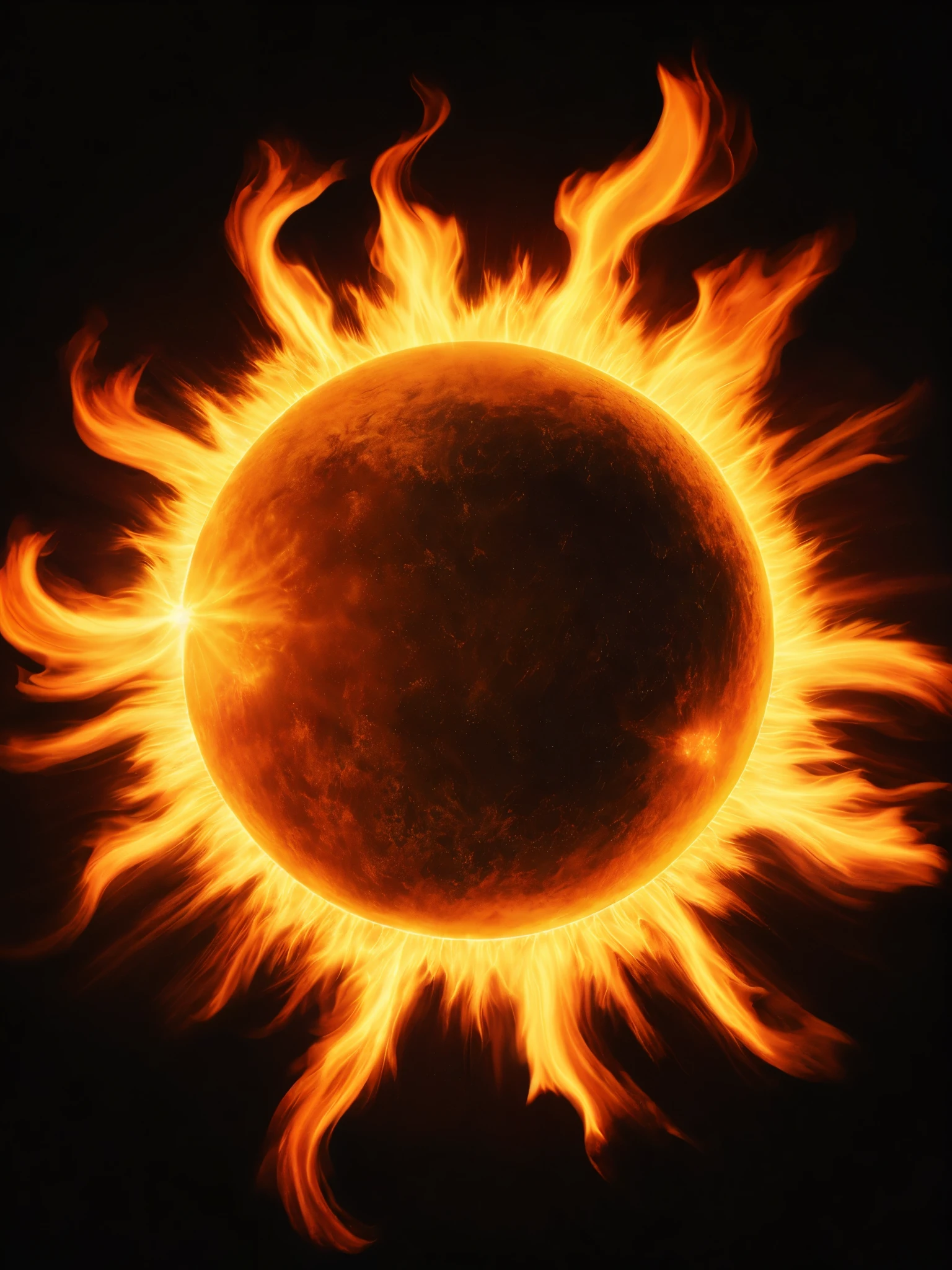 create an entire drawing of the sun, large, with giant flames coming out, realistic image, hyperrealism, high definition, 8k, black background