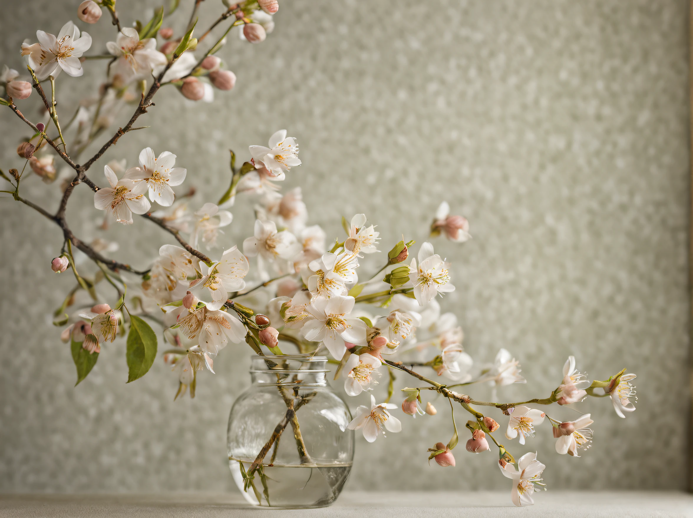Elegant still life composition of delicate spring blossoms, expertly composed with a neutral background, medium format film photography, soft and dreamy lighting, muted color palette inspired by Impressionist paintings, Hasselblad X1D II 50C camera, XCD 90mm f/3.2 lens, hyper-realism, highly detailed, and high-resolution 16k --ar 16:9 --q 2