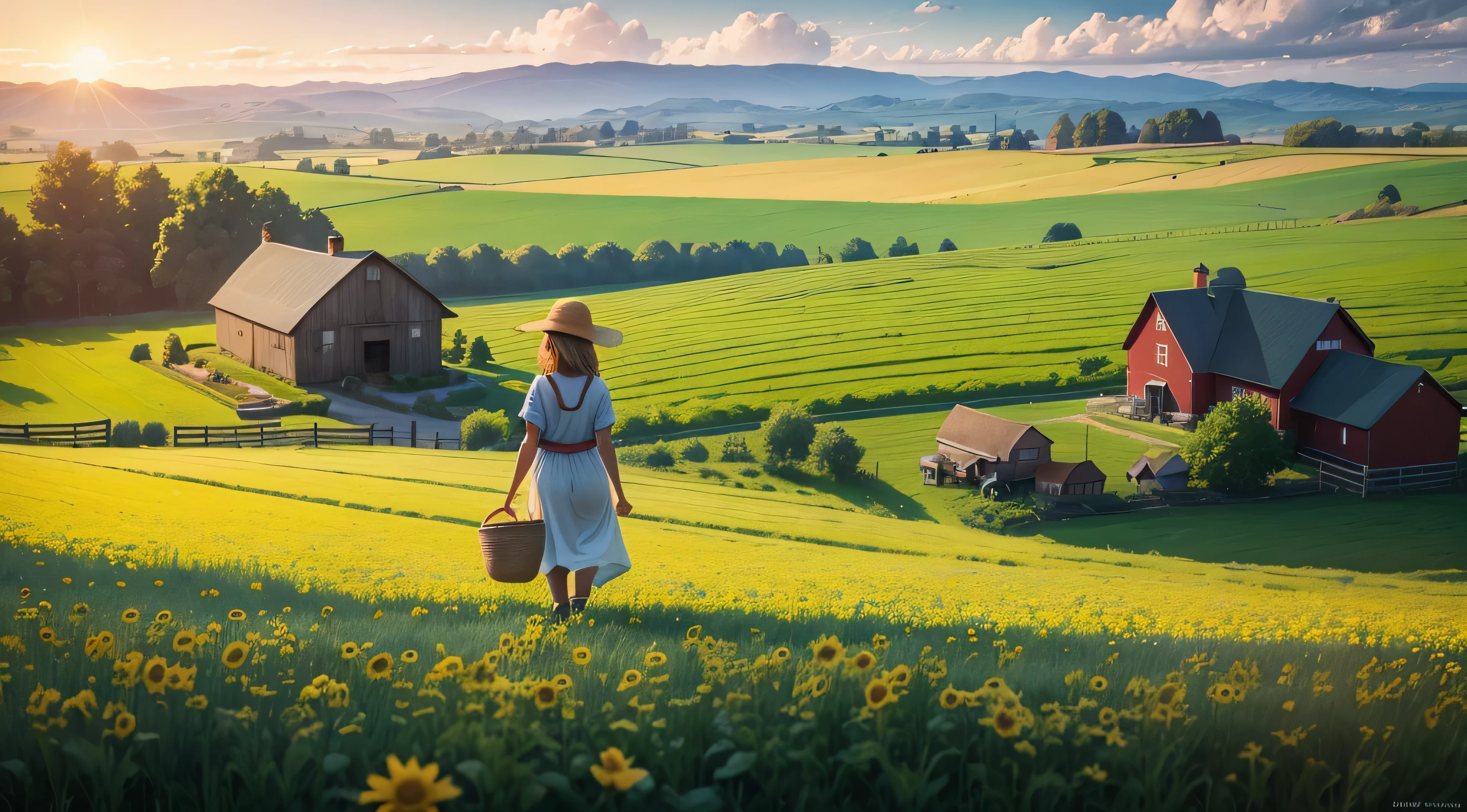 (Best quality, 8k, high resolucion, Masterpiece, Ultra-detailed, Realstic, photoRealstic, photo-Realstic) A small girl with a pan in the oven to eat the chicken. The chickens are promènent autour d&#39;elle, moutons dans un champ au loin, ferme américaine.  sunny day, Fresh air;, petits animaux mignons, ferme majestueuse, Champs verts, Collines, peaceful atmosphere, agriculteurs qui travaillent, nourriture de ferme à table, réunion de famille et rires, grange pleine de foin et d&#39;equipment, pique-nique et feu de joie en plein air, beau jardin fleuri et fleuri, harvest, tracteur au loin, ciel bleu clair avec de doux nuages blancs, couleurs vives, soft golden sun, brise douce bruissement des feuilles, jardin potager, beautiful nature and simplicity,couleurs vives of fruits and vegetables, la vie agricole en harmonie avec la nature, joie et contentement de travailler la terre, des animaux heureux errant librement, outils et techniques agricoles traditionnelles, ferme traditionnelle au toit rouge, Clotures and portes in wood, beau coucher de soleil à la ferme, paysage rural serein, bons souvenirs d&#39;avoir grandi dans une ferme, enfants courant et jouant dans les champs, odeur d&#39;herb fraîchement coupée, sain et bio, délicieux plats faits maison, Marche du samedi, bétail paissant paisiblement dans le pâturage,The infinite possibilities and a nature above all, la vie en harmonie avec les saisons.
