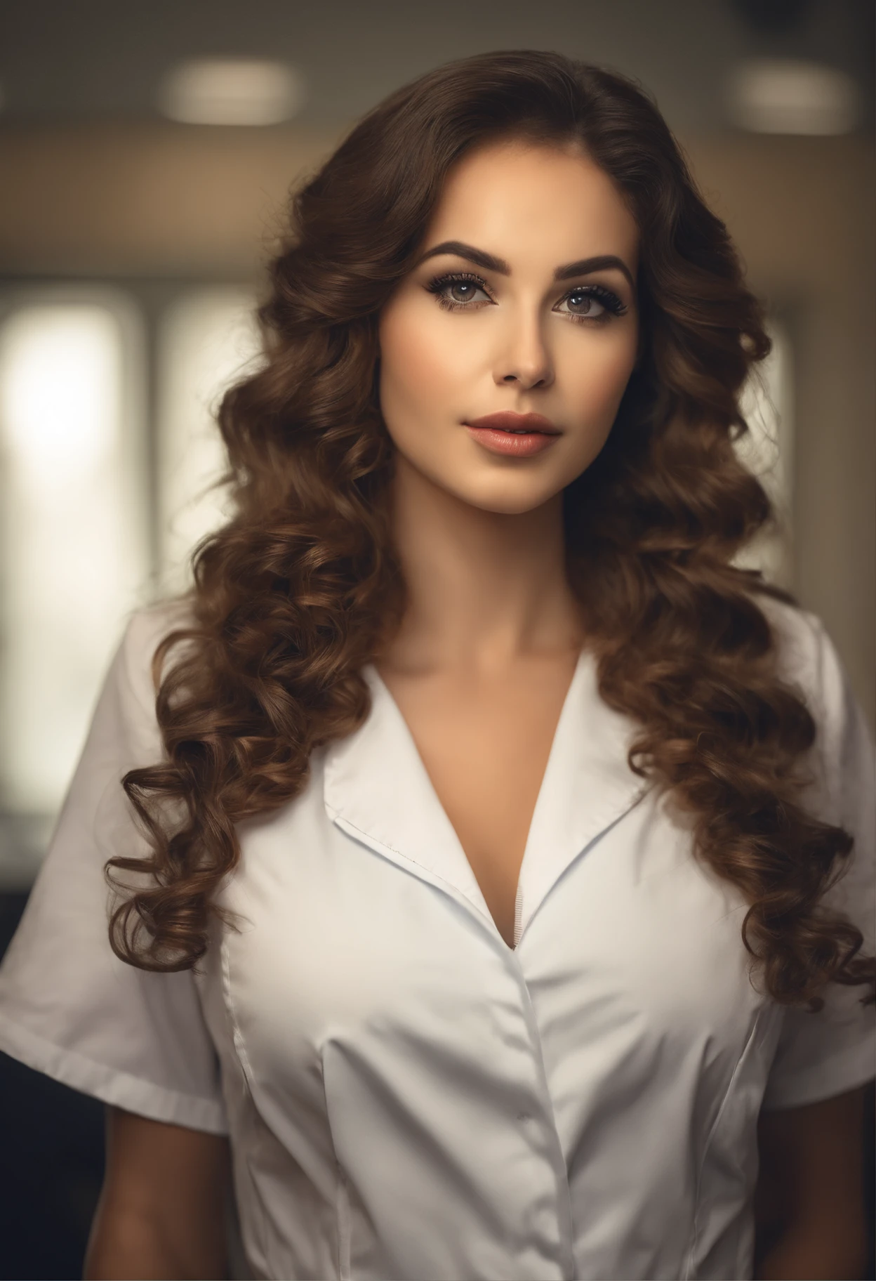 (sharp focus:1.2), photo, attractive young woman, (beautiful face:1.1), detailed eyes, luscious lips, (cat eye makeup:0.85), (large eyes:1.0), (toned body:1.2), (curly hair:1.2), (big booty:1.4), wearing (nurse outfit:1.2) in a (doctor's office:1.2). (moody lighting:1.2), depth of field, bokeh, 4K, HDR. by (James C. Christensen:1.2|Jeremy Lipking:1.1).