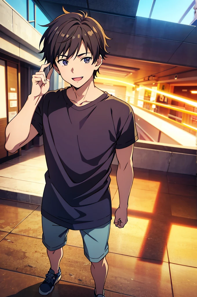 (18-year-old male),1boy,Cute boys,a cool,Bright smile,smooth anime cg art, Anime Art, cell anime illustration,hitomi,{tre anatomically correct},Dressing
