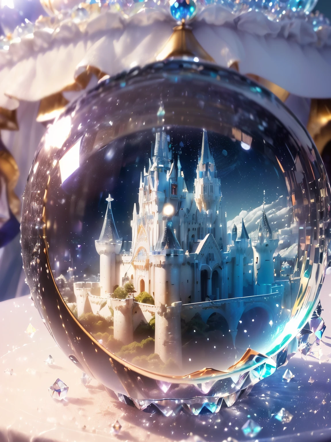 hyper-realistic、16K high resolution、(Sharp Maximum Focus:1.3)、(close-up máximo:1.5)、(Celestial castle trapped in a single crystal ball with pedestal on a table:1.4)、(areia branca、nuvens branilkyway branco:1.5)、(Fundo bokeh grande、luz de fundo:1.5)