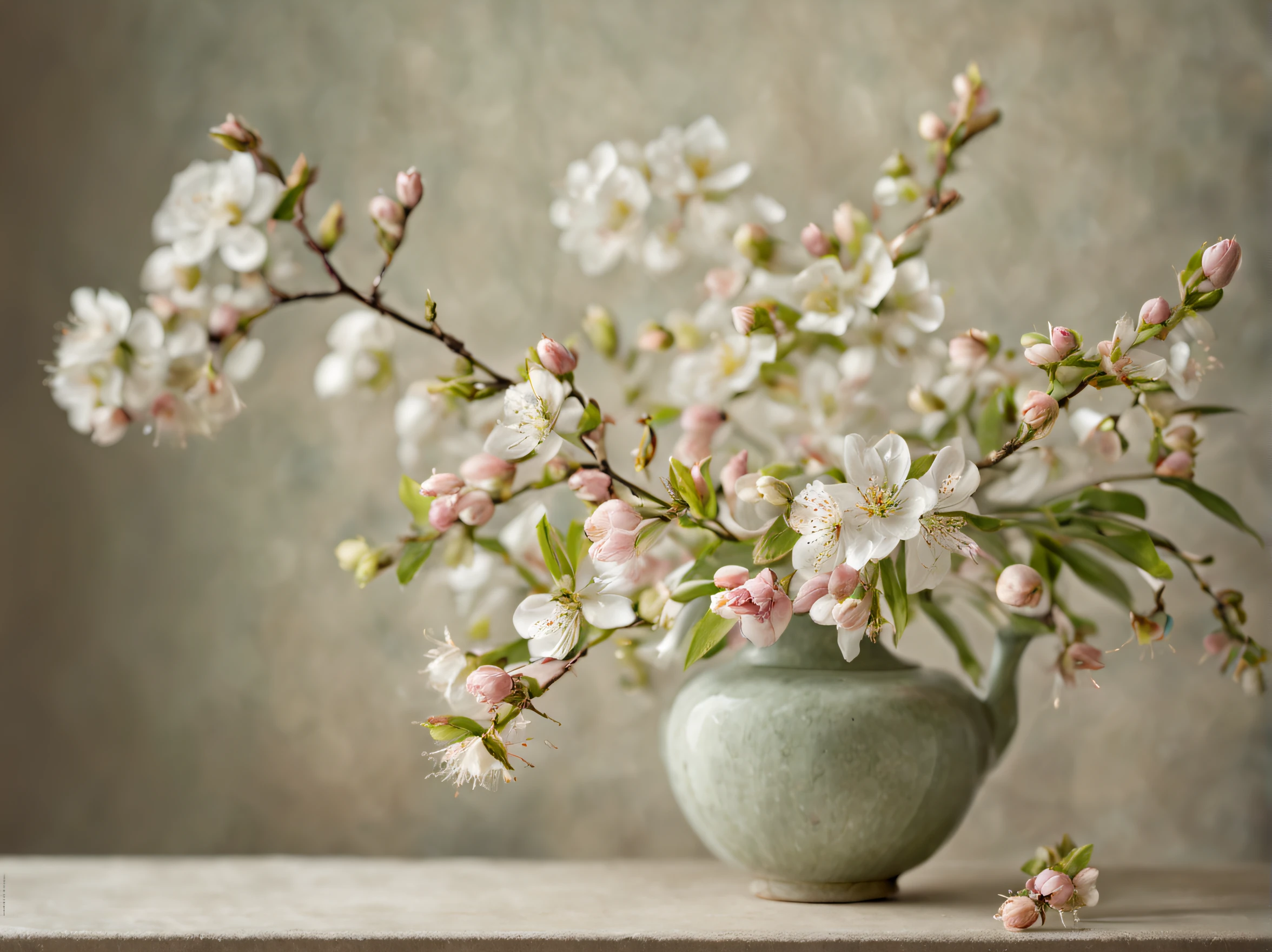 Elegant still life composition of delicate spring blossoms, expertly composed with a neutral background, medium format film photography, soft and dreamy lighting, muted color palette inspired by Impressionist paintings, Hasselblad X1D II 50C camera, XCD 90mm f/3.2 lens, hyper-realism, highly detailed, and high-resolution 16k --ar 16:9 --q 2