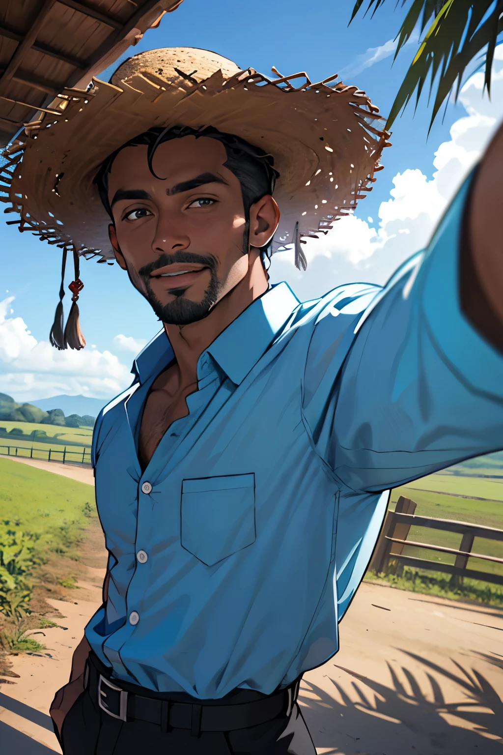 Desenhe um homem de 40 anos, africano, com a pele preta e uma barba grande e preta, em um estilo de quadrinhos. He's wearing a straw hat, vestindo uma camisa azul com a palavra 'teste' escrita nela. The setting is a farm, com o homem fazendo um autorretrato (selfie). Seu cabelo encaracolado preto molda um rosto redondo e nervoso