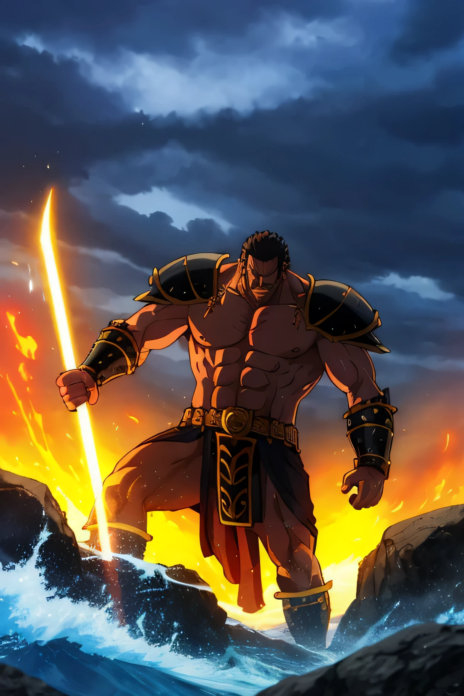 god of the sky and storm, middle age man, strong, powerful, with a trident as a weapon, Sumerian clothing, angry face, black hair, sumerian armour