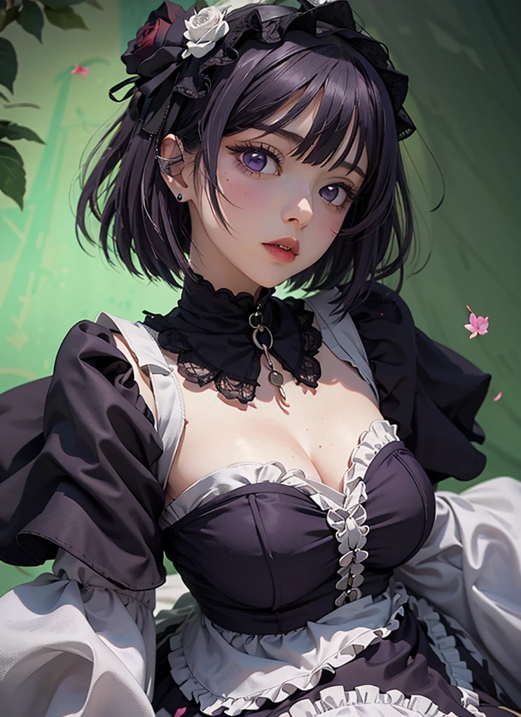 (((Young White Woman))), ((Best Quality)), ((Masterpiece)), (Detail: 1.4), MarinLora, blush, short hair, black hair, hair ornament, thighhighs, long sleeves, dress, purple eyes, purple hair, flower, pantyhose, hairband, frills, hair flower, wide sleeves, apron, black dress, , rose, floral print, lace, ****ta fashion, gothic ****ta (High dynamic range)