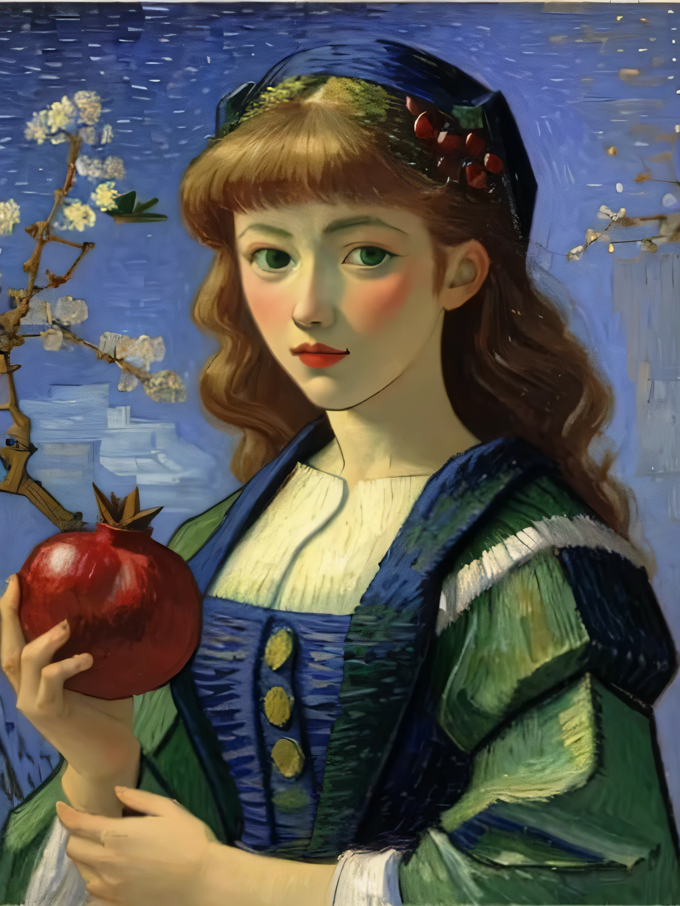 Van Gogh style portrait of a very beautiful woman holding a pomegranate