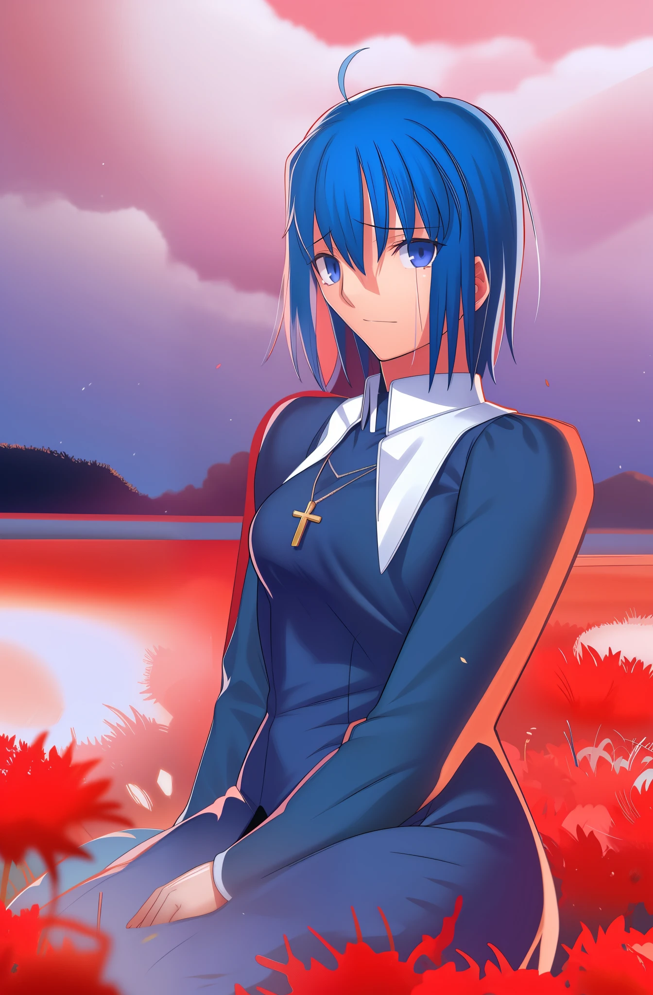 ciel_(tsukihime), Best quality, masterpiece, high resolution, cowboy shot, 1girl, solo, long sleeves black dress, blood, looking up, looking away, sad, looking at viewer, tearing up, tears, crying, crying with eyes, antenna hair, ahoge, closed mouth, praying, own hands together, own hands clasped, fingernails, breasts, medium breasts, croscross, latin cross, cross, holding, holding, seiza, s necklace, nun, habit open, sitting, outdoors, sky, field, flower, flower field, red flower, white flower, spider lily, white spider lily, light particles, cloud, cloudy sky,