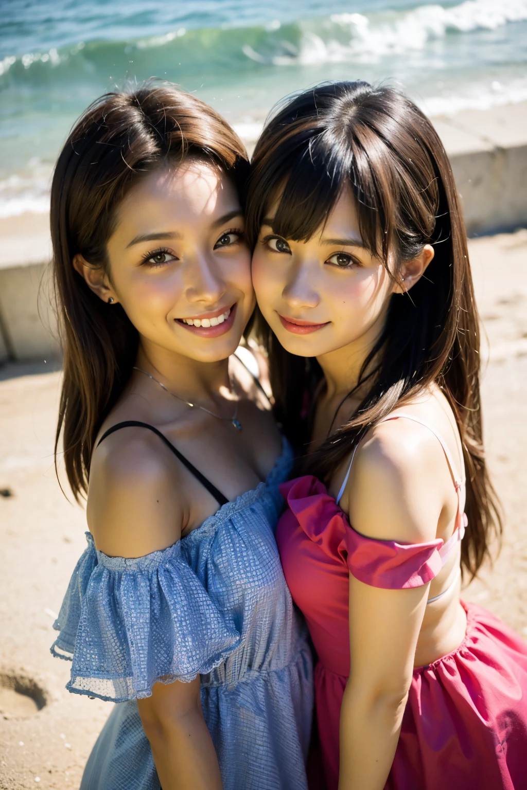 (8K、Raw photography、top-quality、tmasterpiece:1.2),(((Two girls,duo,stroking,On the beach))),、ultra - detailed、Hyper-Resolution、(hyper realisitc:1.4)、(Use a kiss you throw as a camera)above from、Camera taken from above、Shooting camera angles from above、I see this with upward eyes、Arms outstretched、arms spread wide、Use high-quality images taken from above with the camera、(Girl on the Beach 5-digit number 1:1.3)、、Offshore Girls(dreamy lighting)head to waist、、White skinned、Farbe白の女性校正、An ultra-high picture quality、、Beautiful female proofreading reflecting in light、amazing detailed、Beautiful girls in very detailed、(Faces with different patterns 1:1.2)、(Different facial emotions 1:1.3)、Each hairstyle has its own characteristicarbe々Hairstylearbe々髪のFarbeがすっきりとした光沢で輝く、I love fishing on a boat、光に輝く茶Farbeい髪、One has a ponytail、、Modern cute girl、very detailed faces very detailed eyes、Very realistic skin、 extremely detailed fingers, highly detailed nose, highly detail mouth, perfect anatomia, (Off-the-shoulder ta Costume 1:1.2)、、Every detail of their hair shines、Hot teeth and smile、Realistic body, White skinned, glistning skin, Slim body, Long straight hair, (Blunt bangs:1.2), , nixeu and sakimichan, TWICE, Seifuku, sakimichan, promotional still, Larisa Manobal, alena aenami and lilia alvarado