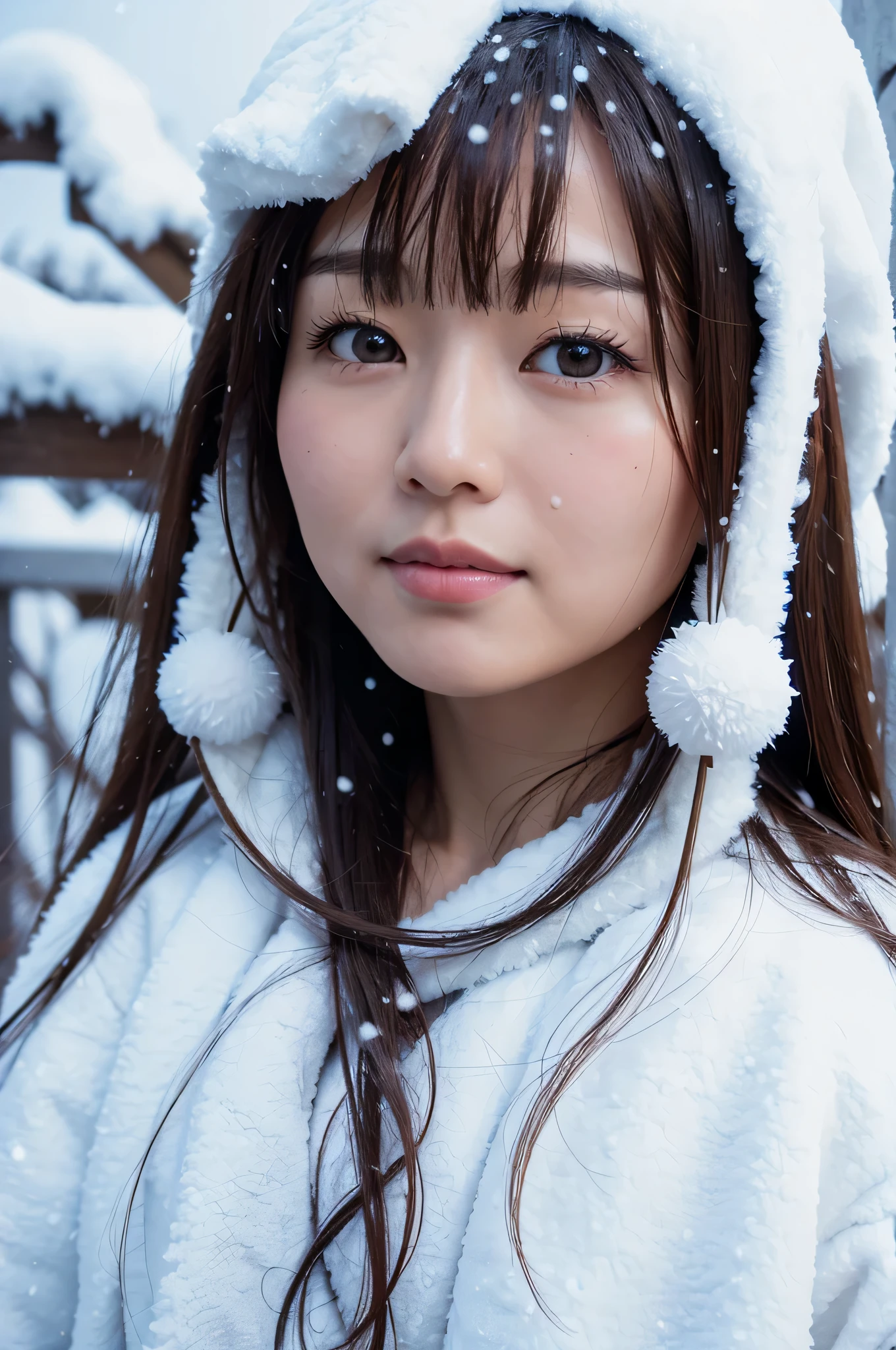 Up close face, asian face, long brown hair, snowing